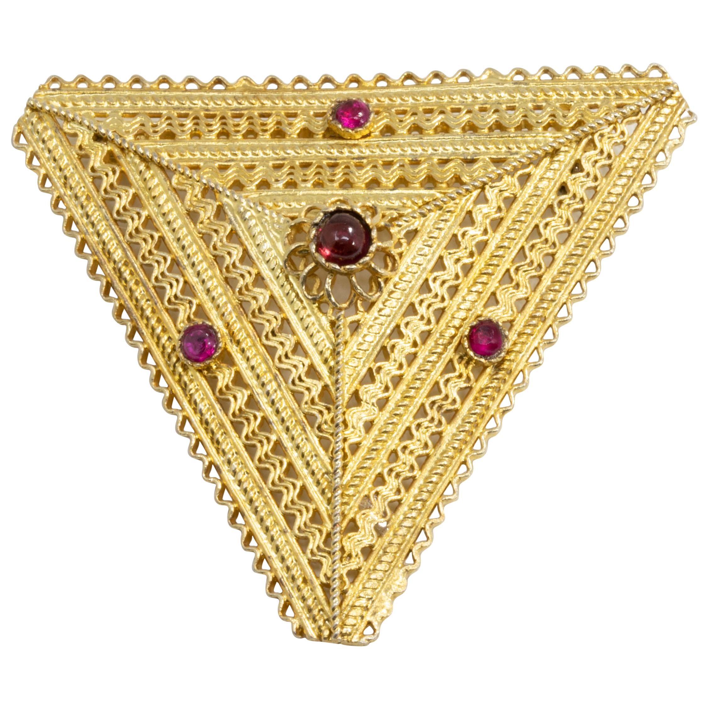 Ruby and Amethyst Triangular Floral Brooch Pin in Gold, Early 1900s