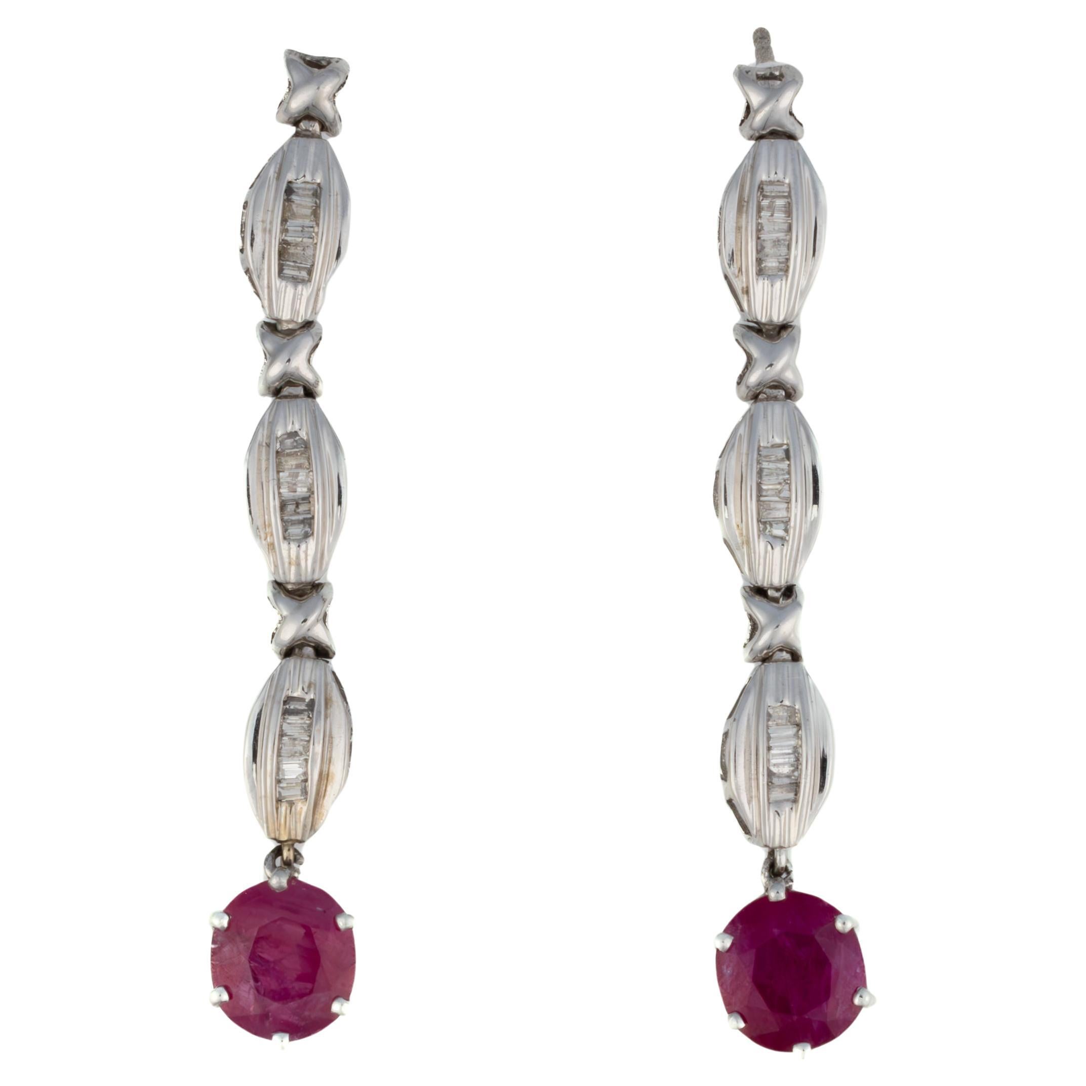 Ruby and Baguette Diamond Drop Earrings For Sale