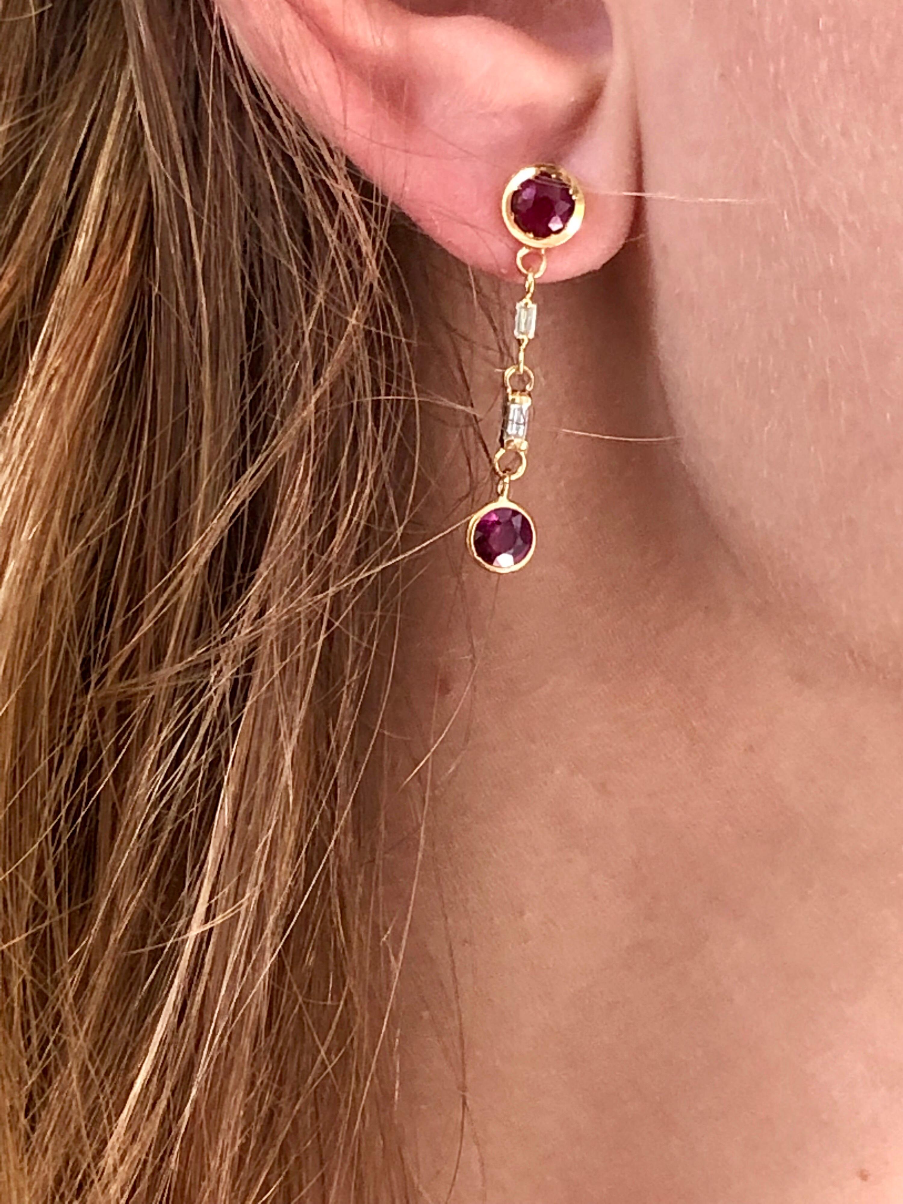 Contemporary Ruby and Baguette Diamond Drop Gold Earrings Weighing 2.30 Carat 