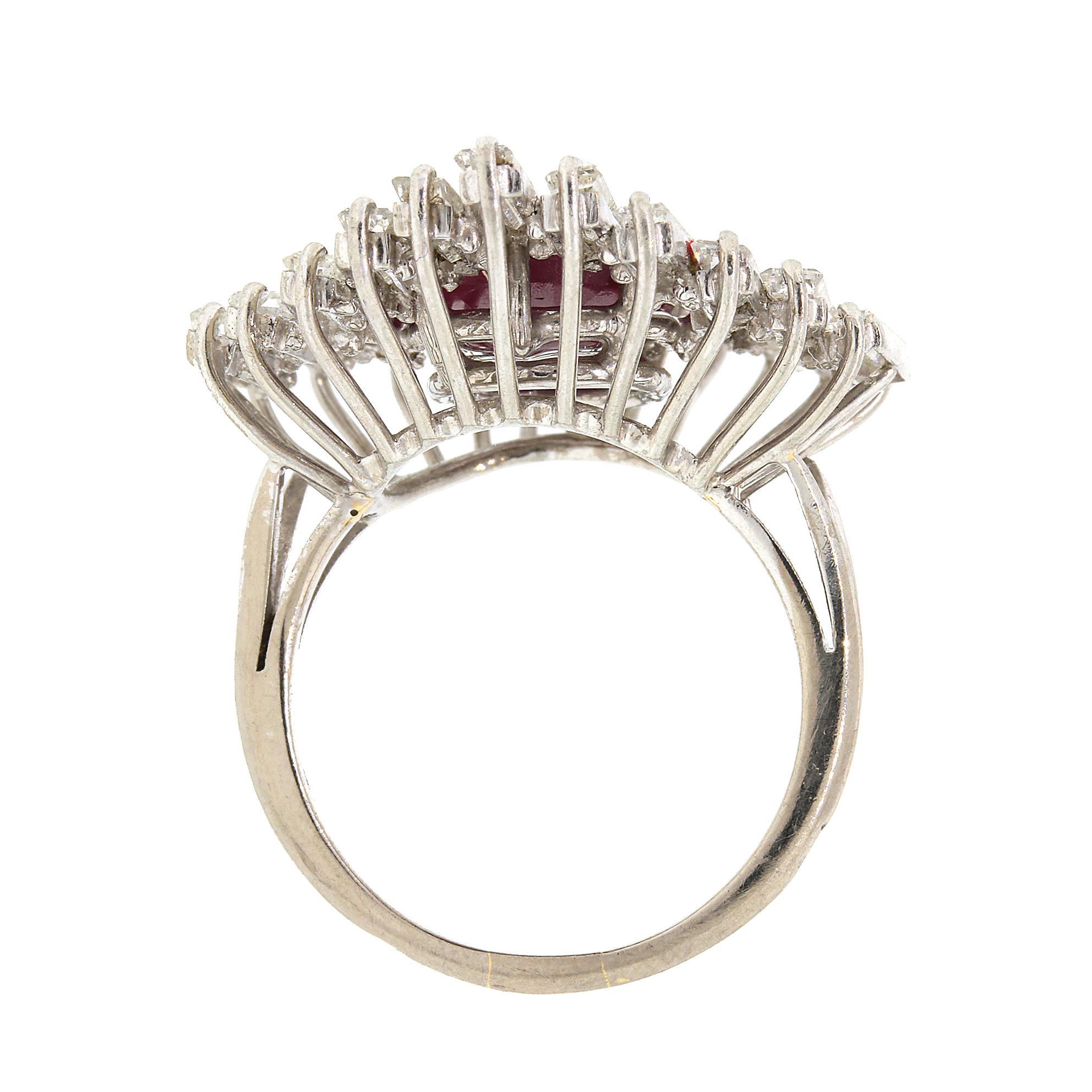 14 kt White Gold
Diamond: 3.50 ct (estimated)
Ruby: 4.00 tcw (estimated)
Ring Size: 7.75 
Total Weight: 12.25 grams