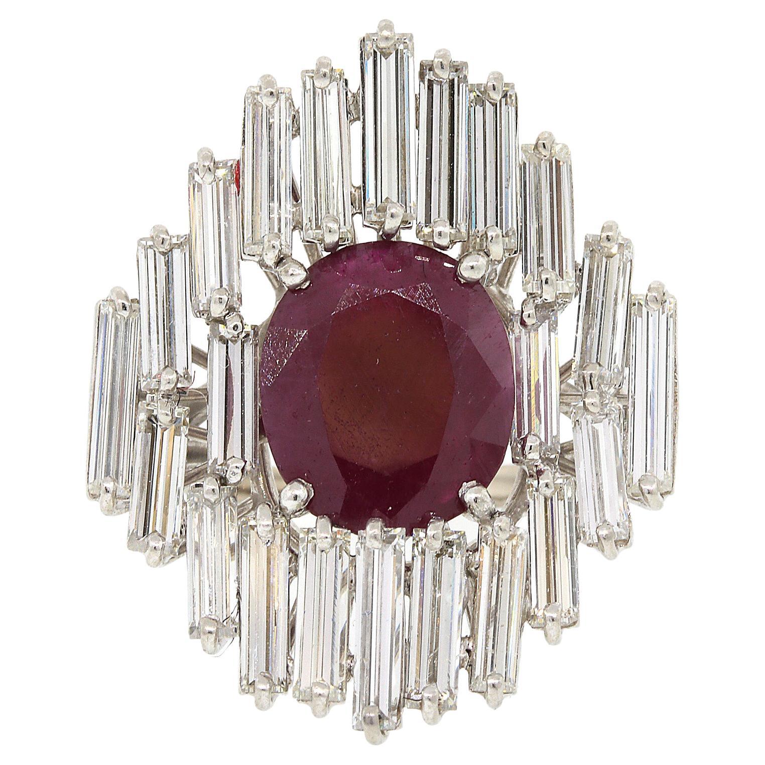 Ruby and Baguette Diamond Estate Ring For Sale
