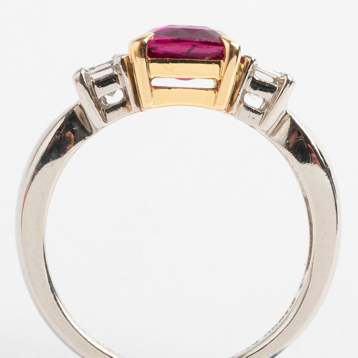 Baguette Cut Ruby and Baguette Diamond Ring, 18 Carat Yellow Gold, Est .40 Carat, Mid-1960s For Sale