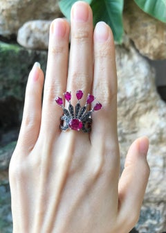 Ruby and Black Diamond Ring Set in 18 Karat White Gold Settings