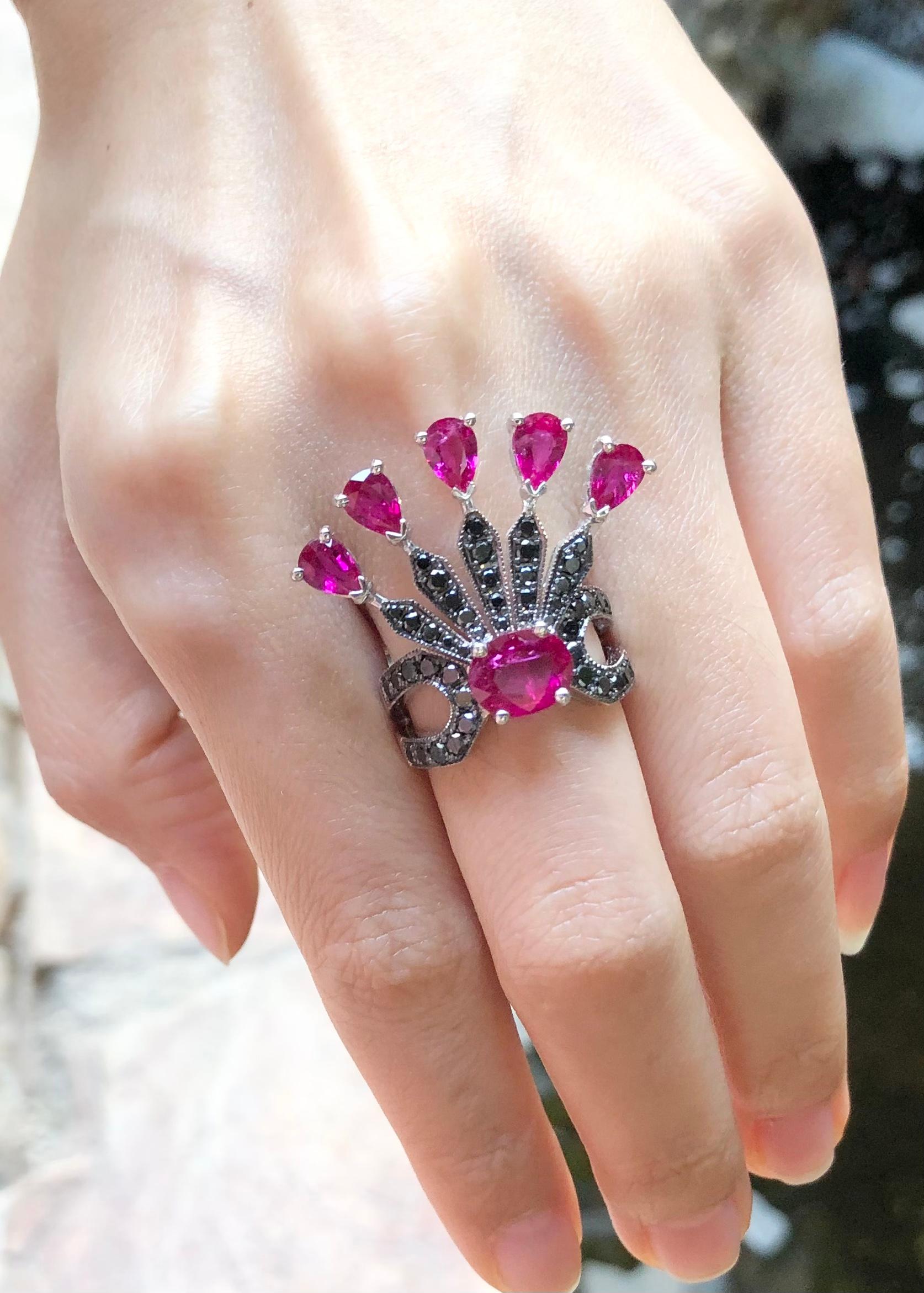 Women's Ruby and Black Diamond Ring Set in 18 Karat White Gold Settings For Sale