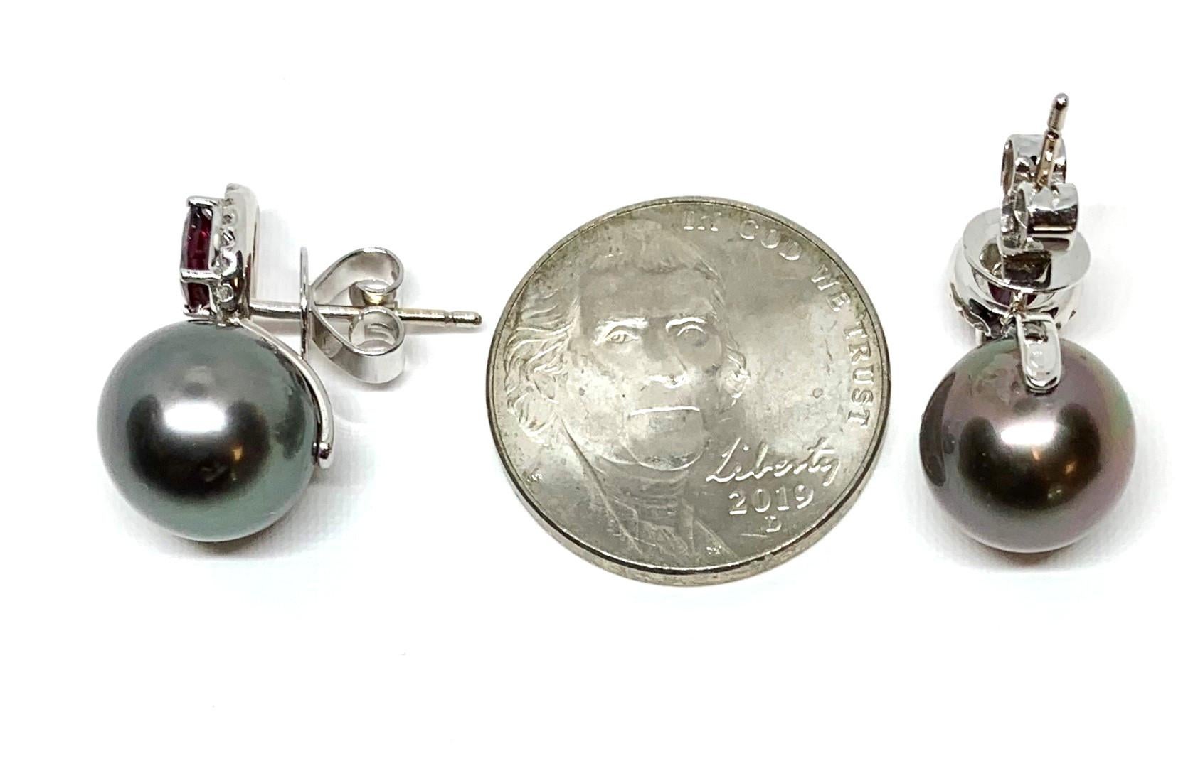 Ruby and Tahitian Black Pearl 18k White Gold Stud Earrings In New Condition In Los Angeles, CA