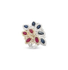 Ruby and Blue Sapphire Cocktail Ring in 14K White Gold with Diamonds