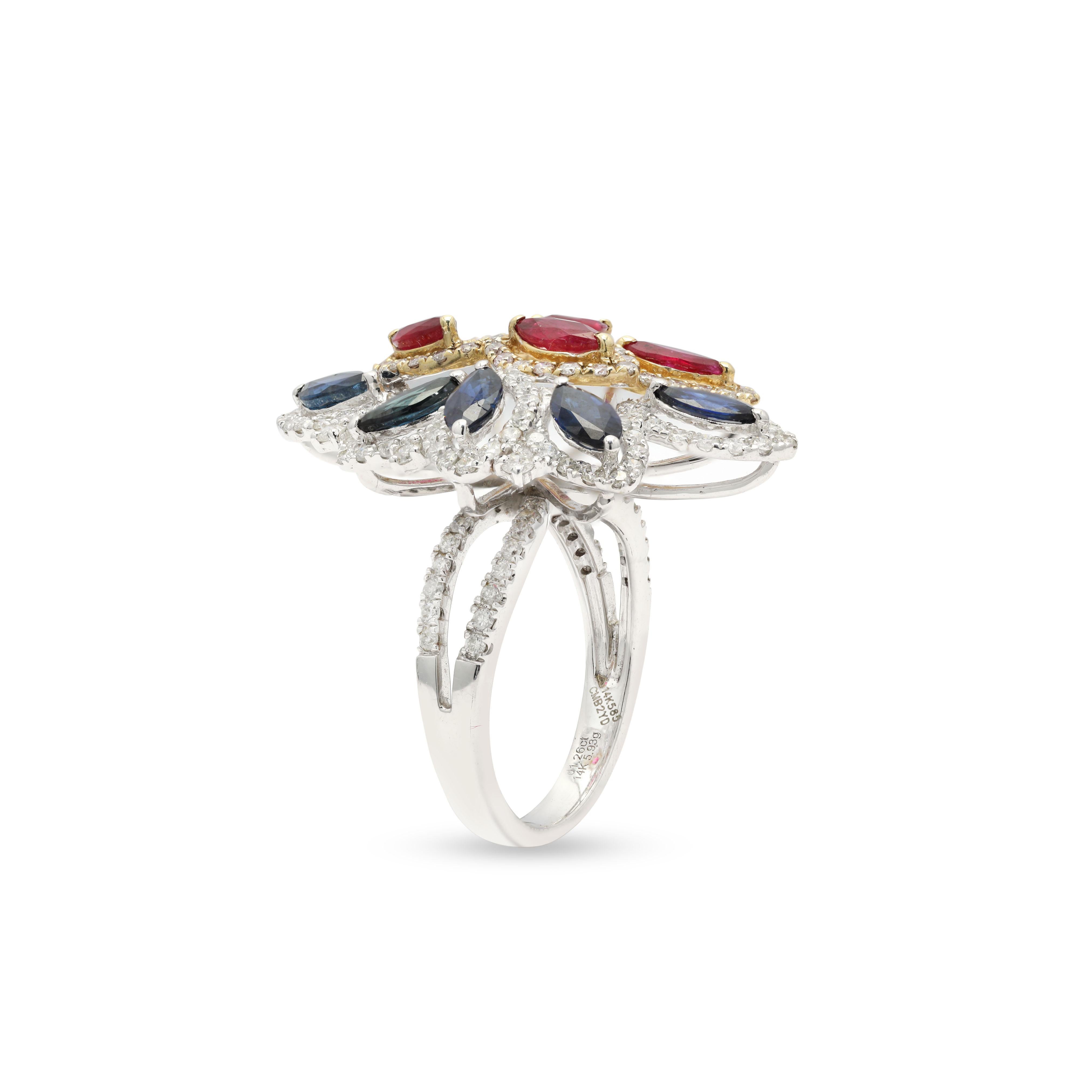 For Sale:  Ruby and Blue Sapphire Cocktail Ring in 14K White Gold with Diamonds 4