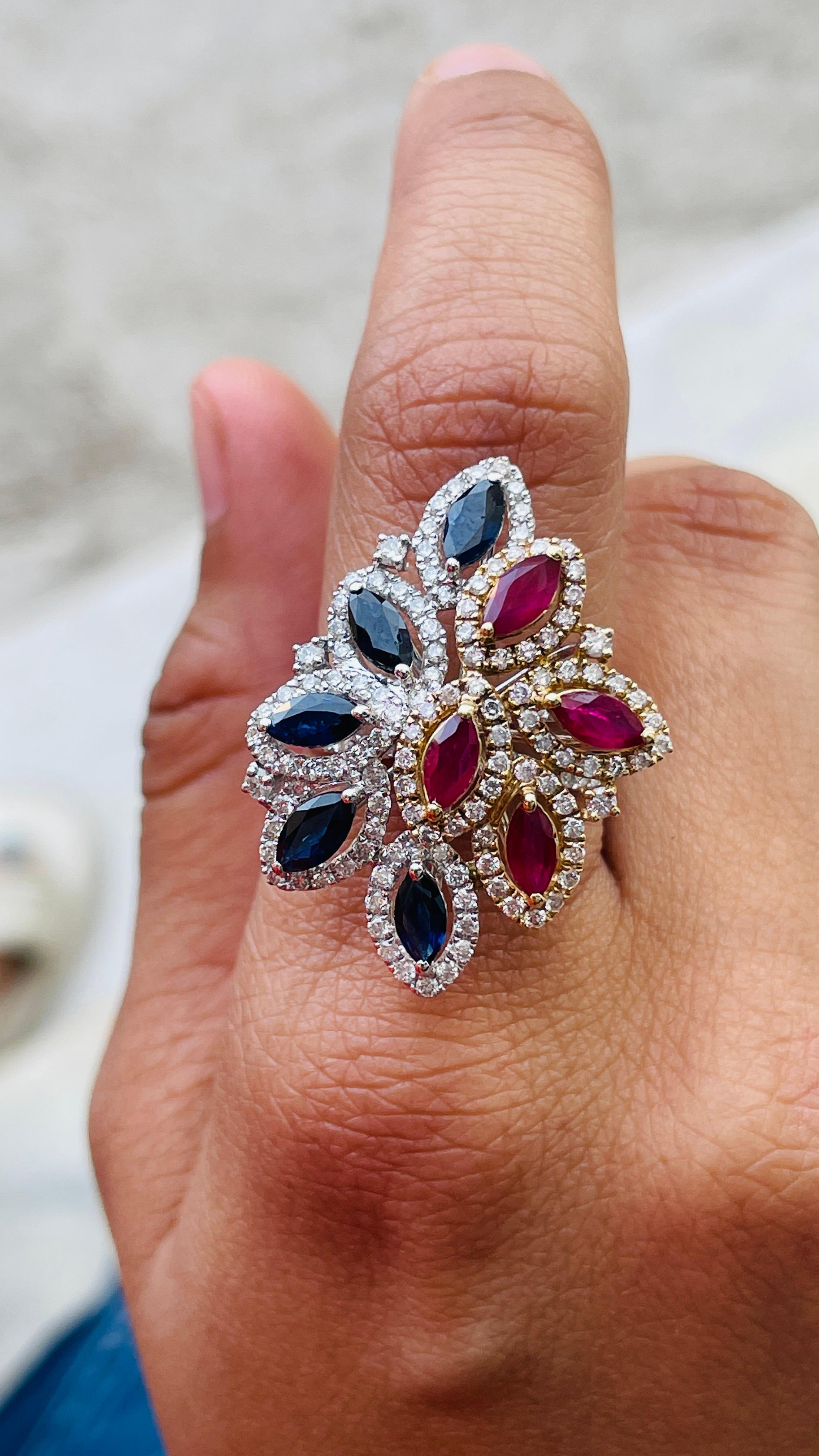 For Sale:  Ruby and Blue Sapphire Cocktail Ring in 14K White Gold with Diamonds 5