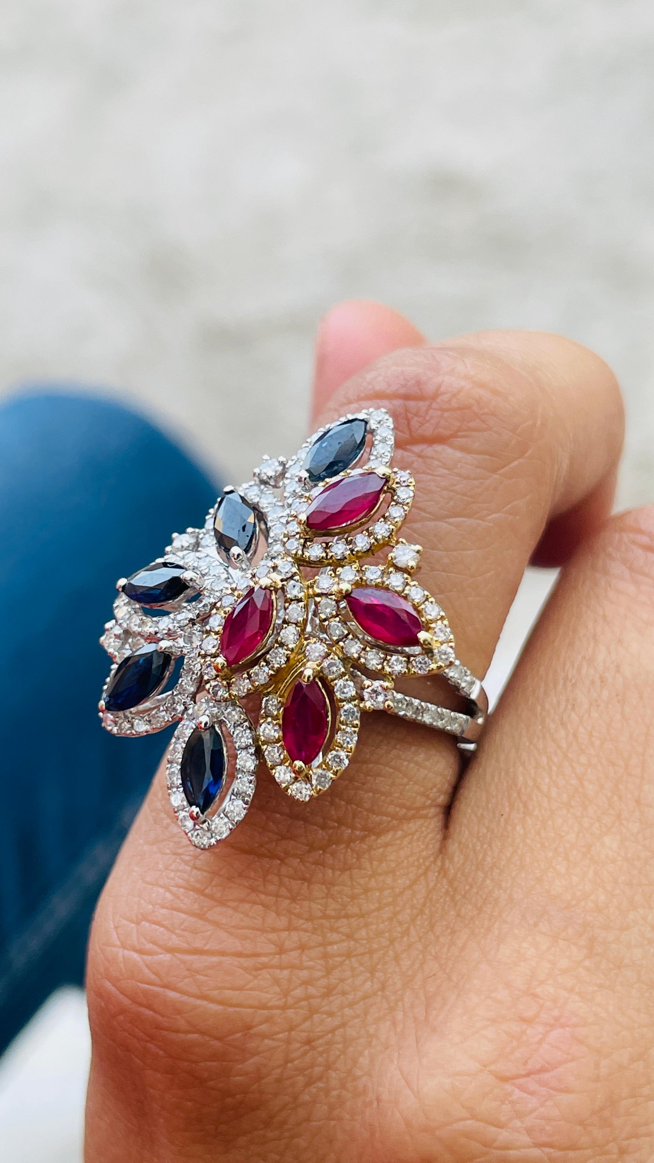 For Sale:  Ruby and Blue Sapphire Cocktail Ring in 14K White Gold with Diamonds 6