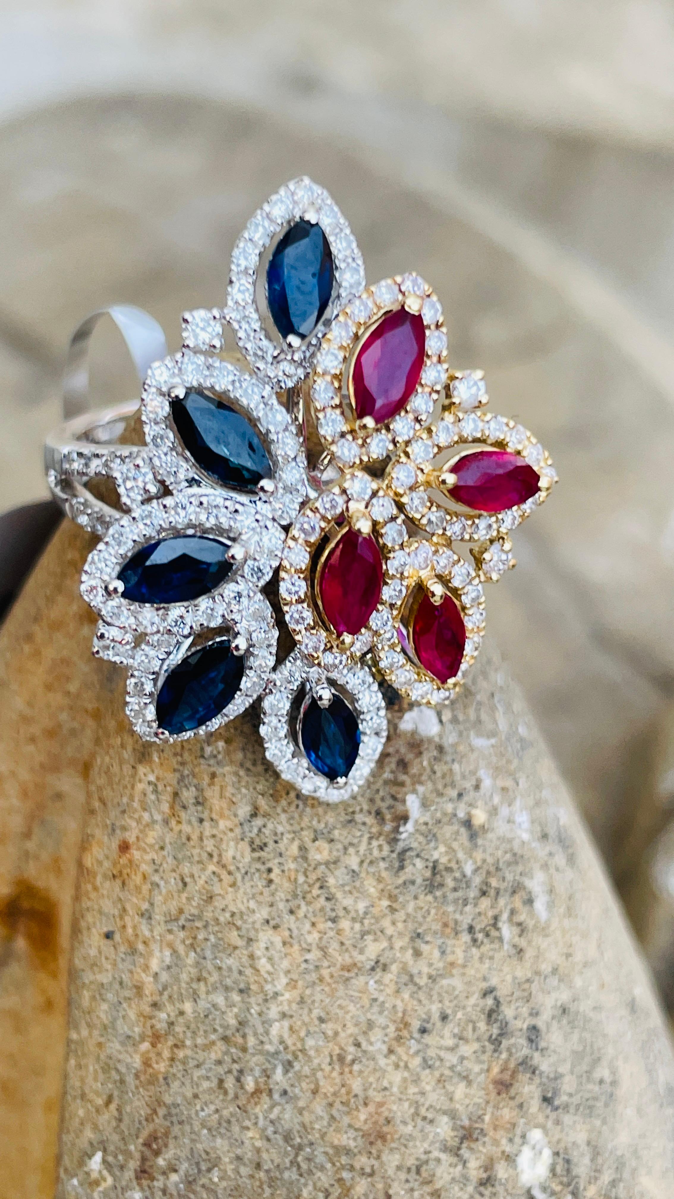 En vente :  Bague cocktail en or blanc 14 carats avec rubis et saphir bleu et diamants 7