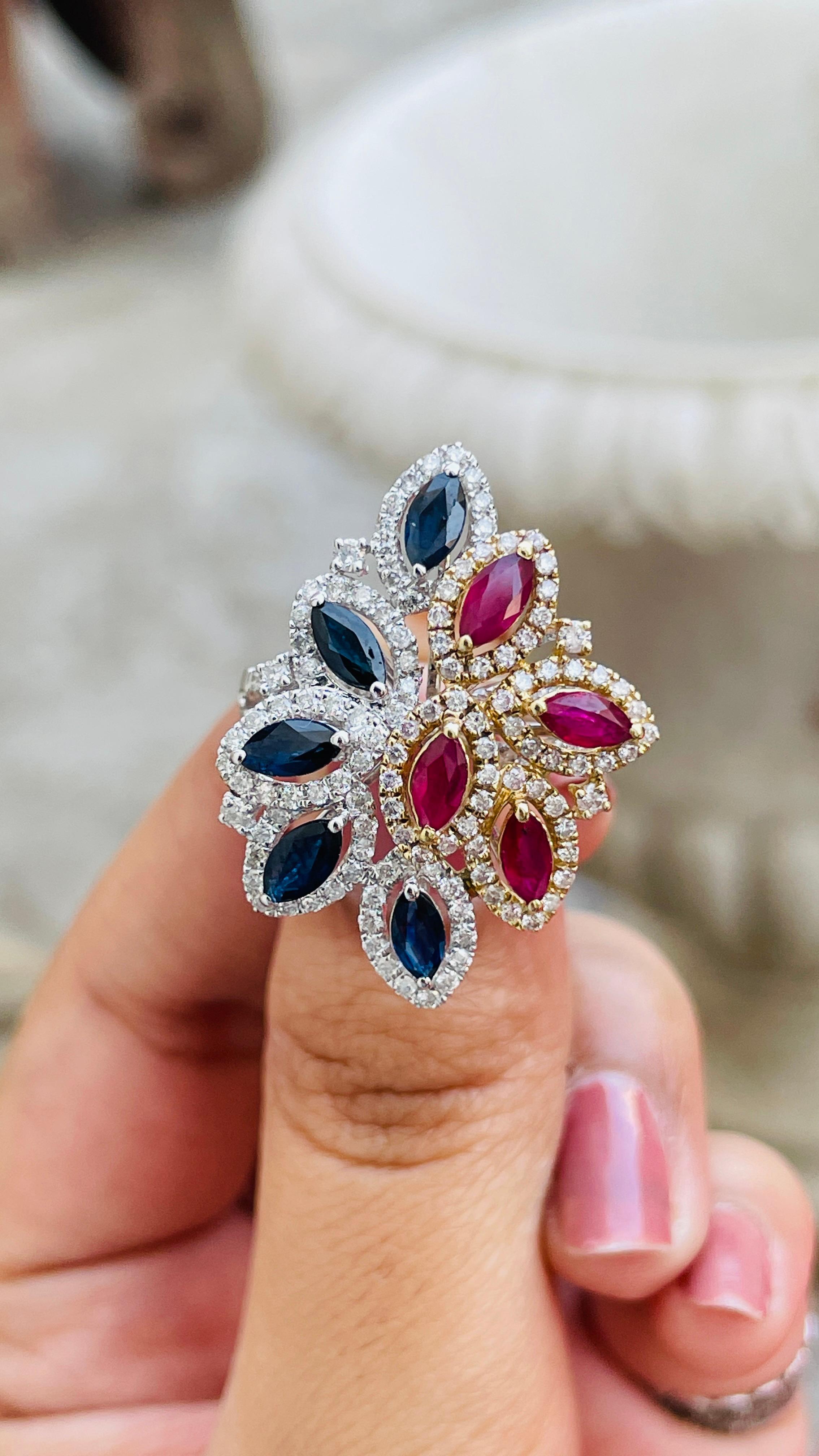 For Sale:  Ruby and Blue Sapphire Cocktail Ring in 14K White Gold with Diamonds 8
