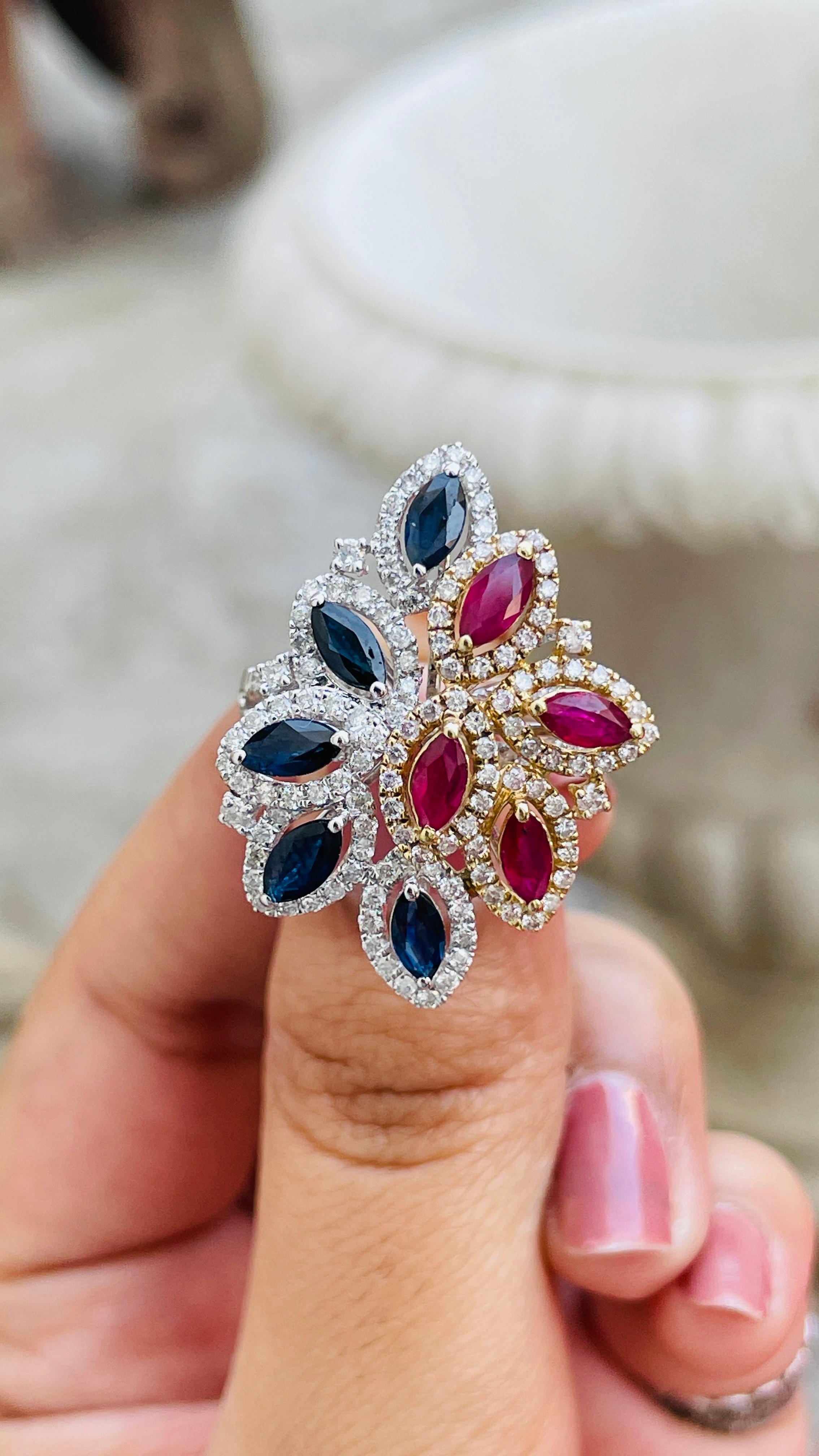 En vente :  Bague cocktail en or blanc 14 carats avec rubis et saphir bleu et diamants 8