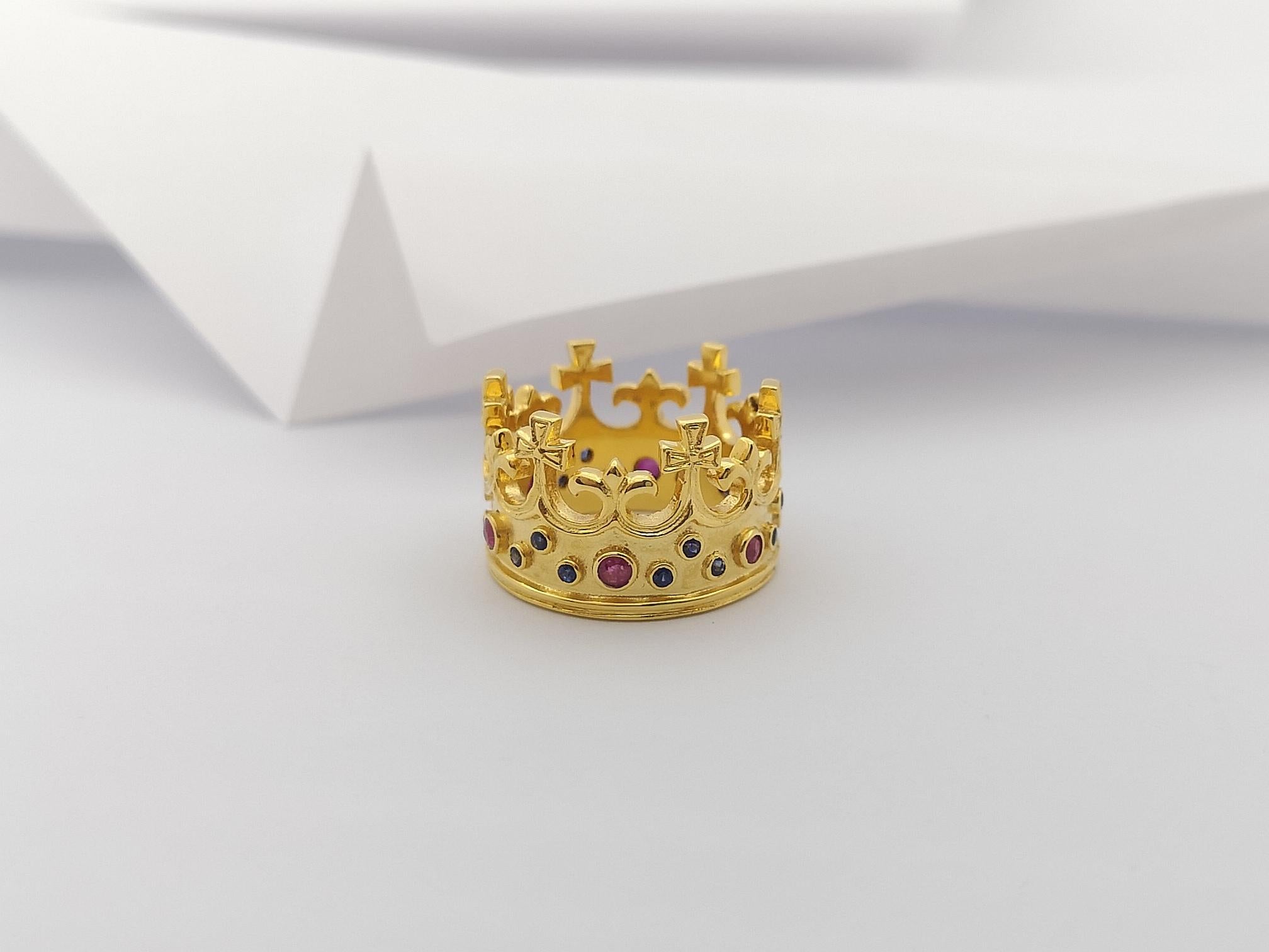 Ruby and Blue Sapphire Crown Ring Set in 14 Karat Gold Settings For Sale 7