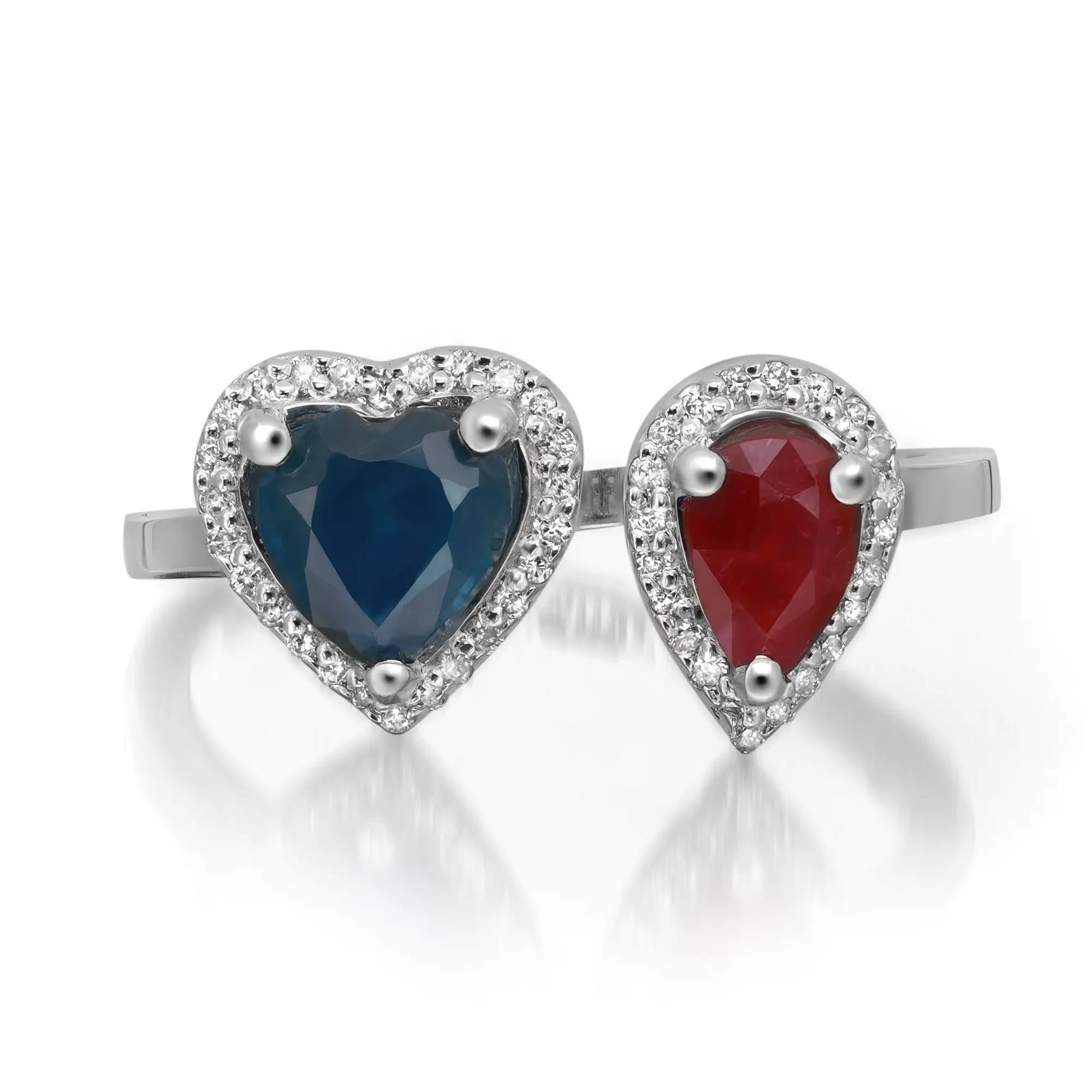 Anillo de compromiso con halo de diamantes, rubí y zafiro azul, oro blanco de 14 quilates, tamaño 6,5