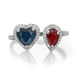 Ruby And Blue Sapphire Diamond Halo Engagement Ring 14K White Gold Size 6.5