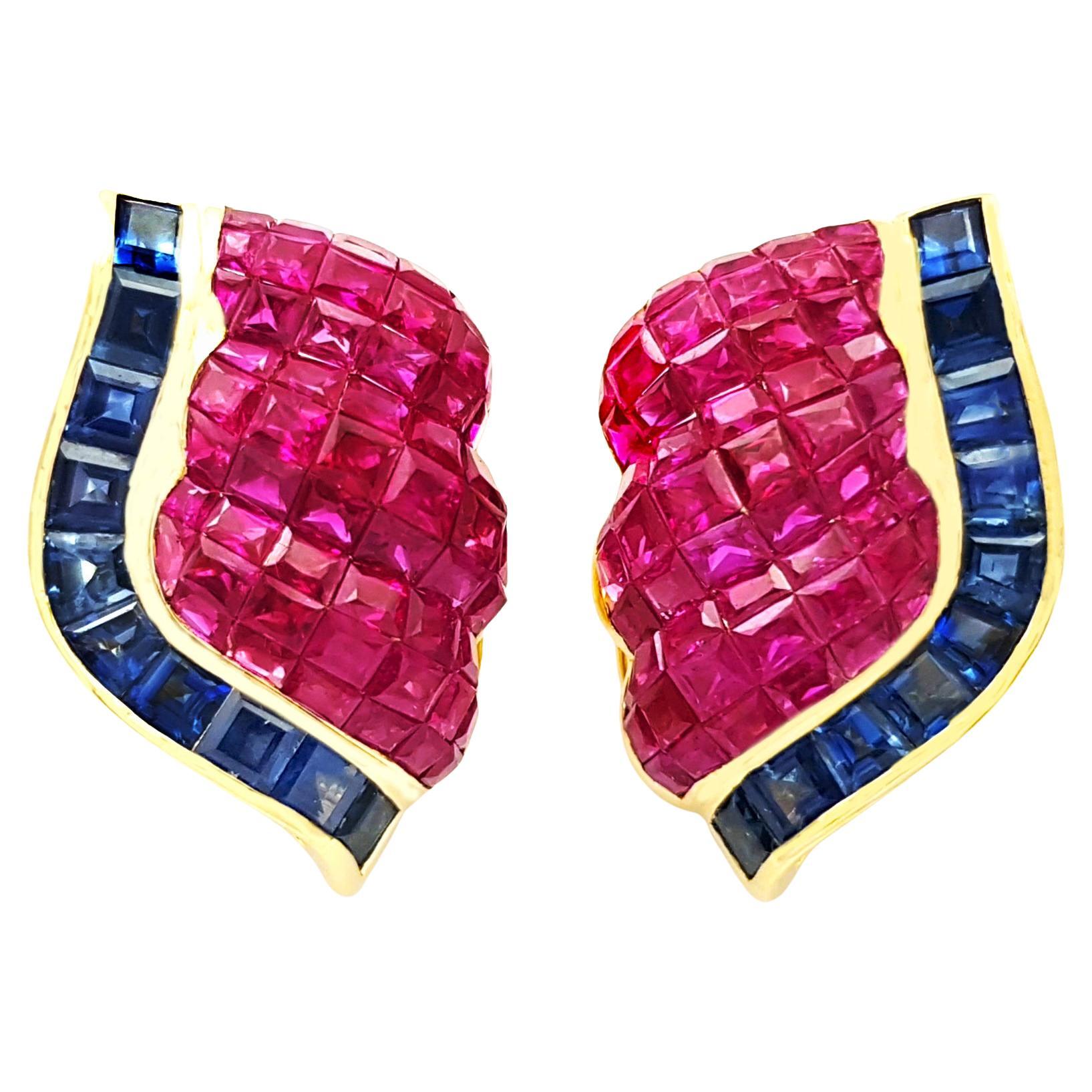 Ruby and Blue Sapphire Earrings set in 18K Gold Settings