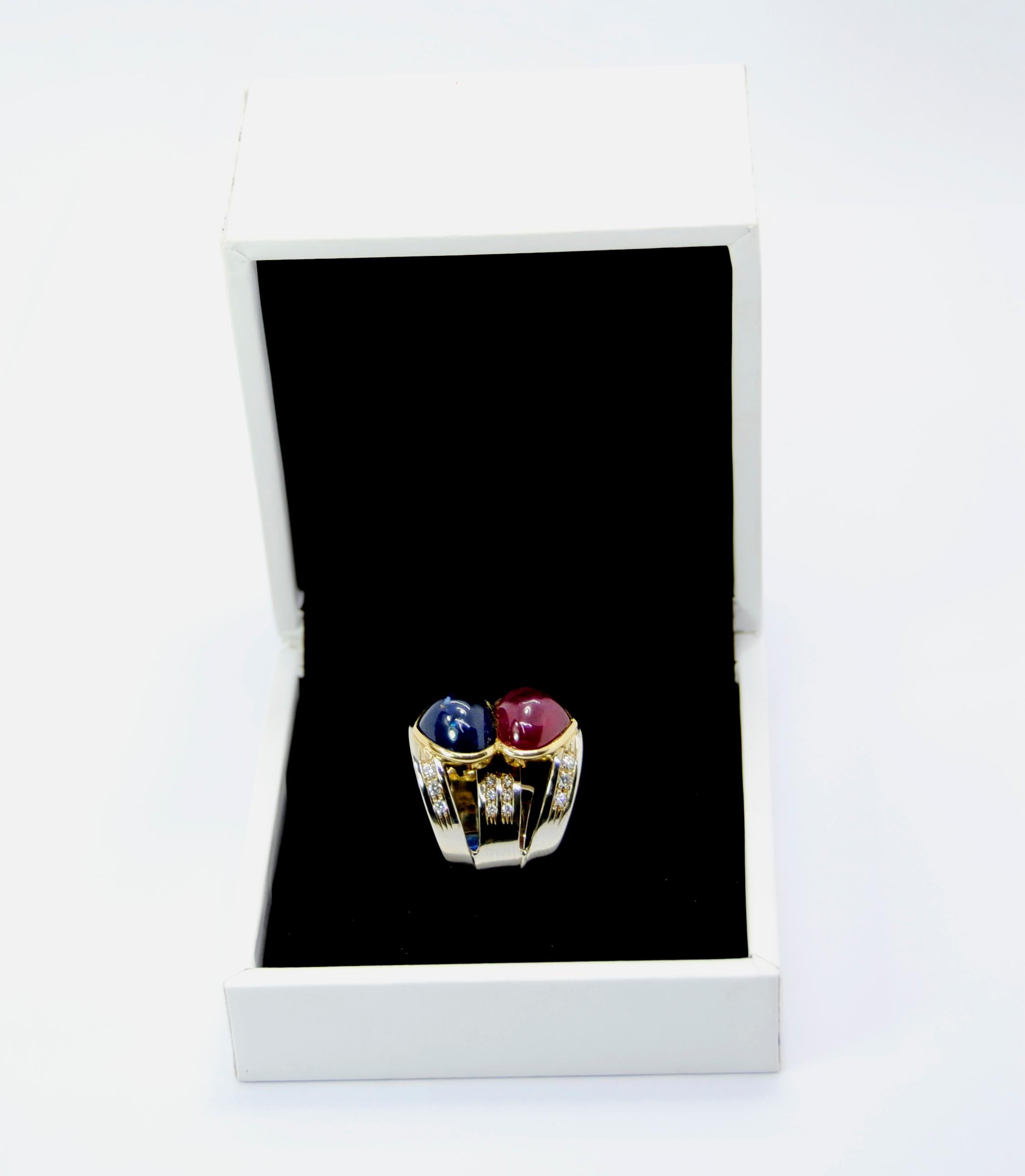 Ruby and Blue Sapphire Heart Shape Cabouchon in 18 Karat White Gold and Diamonds 1