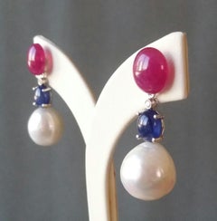 Ruby And Blue Sapphire Oval Cabochons Baroque Pearls 14K Gold Diamonds Earrings