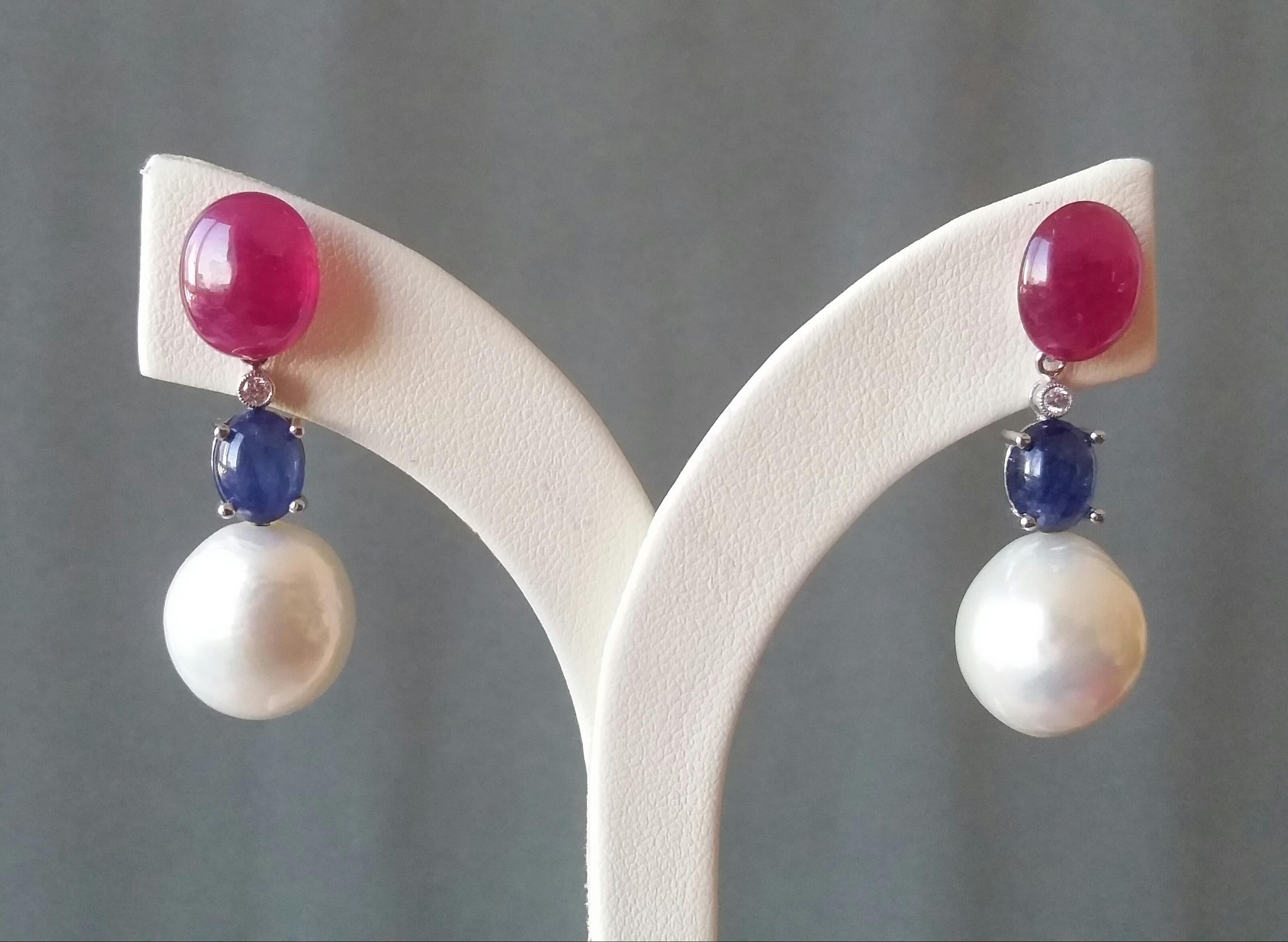 Contemporary Ruby And Blue Sapphire Oval Cabochons Baroque Pearls 14K Gold Diamonds Earrings For Sale