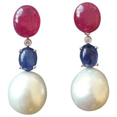 Pendientes de diamantes de oro de 14 quilates con cabujones ovalados de rubí y zafiro azul perlas barrocas