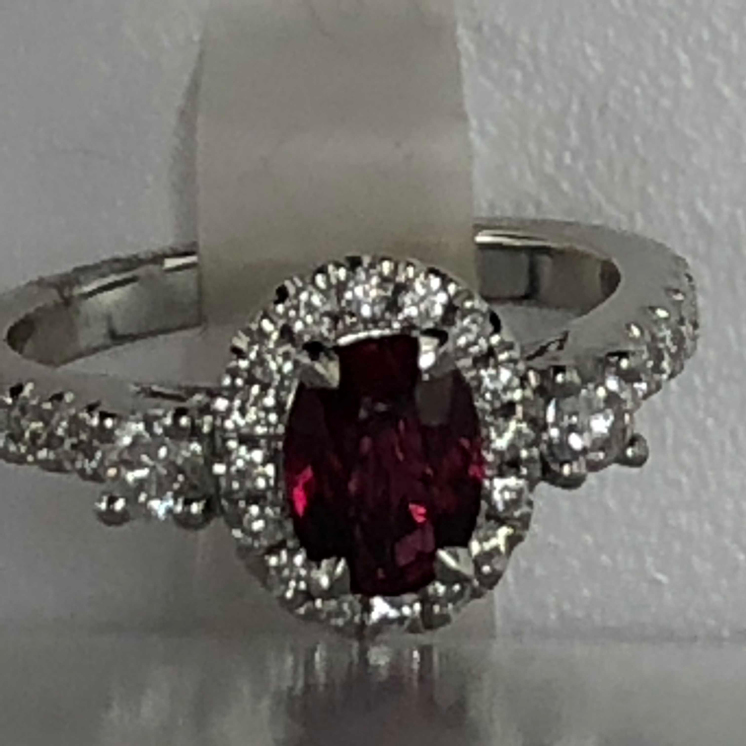 Oval Cut Ruby and Diamond 14 Karat White Gold Ring For Sale