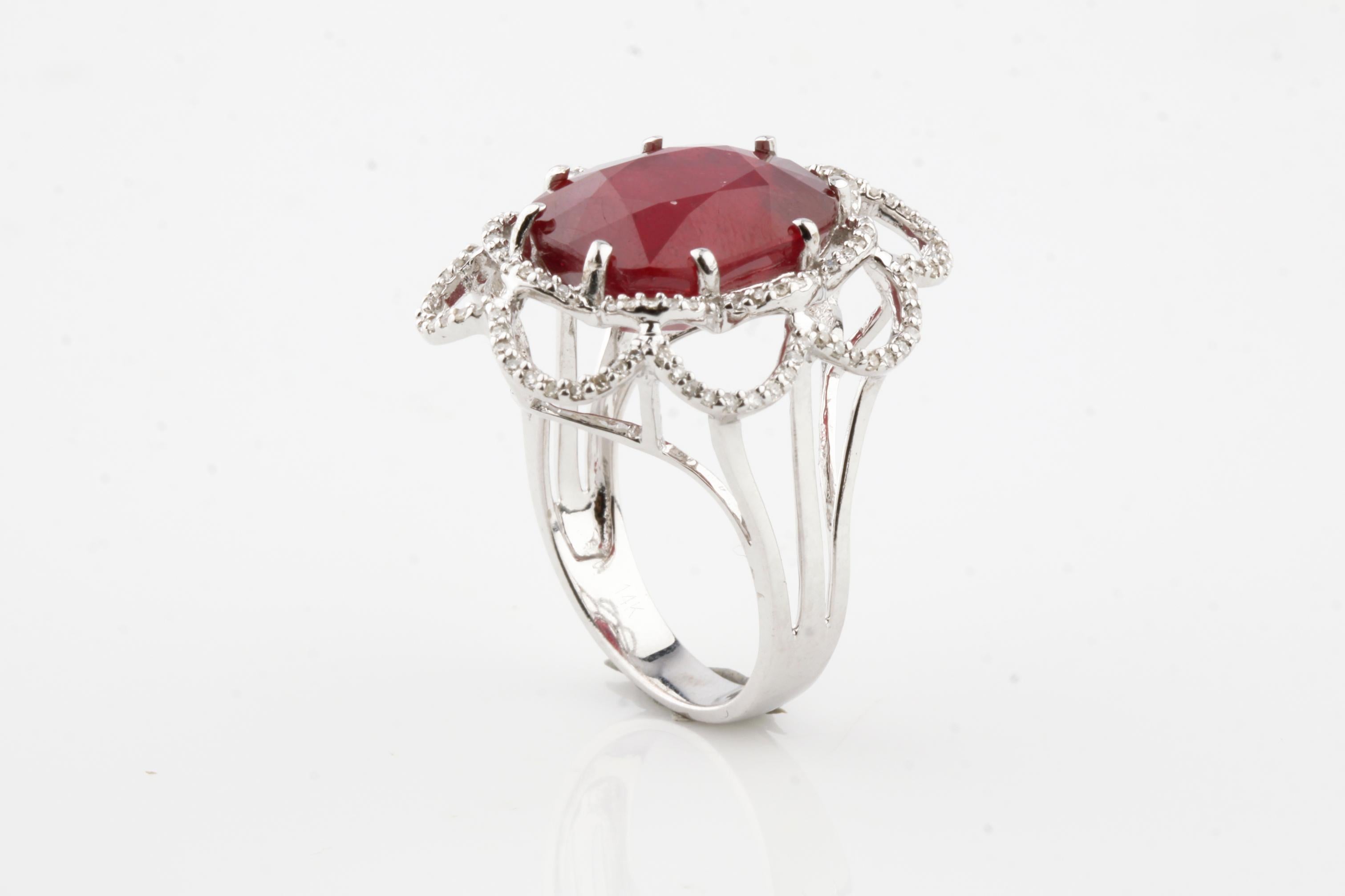 Ruby and Diamond 14.00 Carat 14 Karat White Gold Cocktail Ring In Excellent Condition In Sherman Oaks, CA