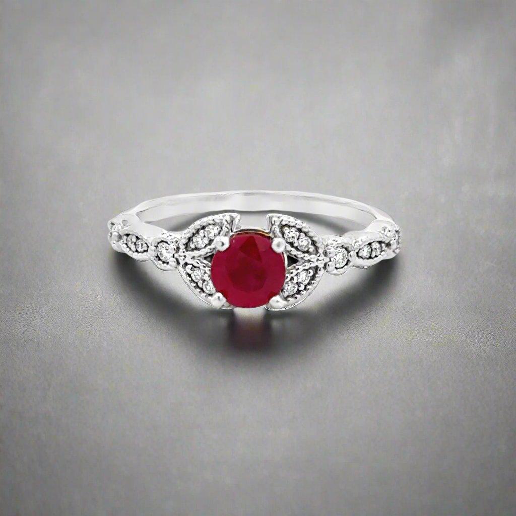 Round Cut Ruby and Diamond 14K White Gold Vintage Ring For Sale