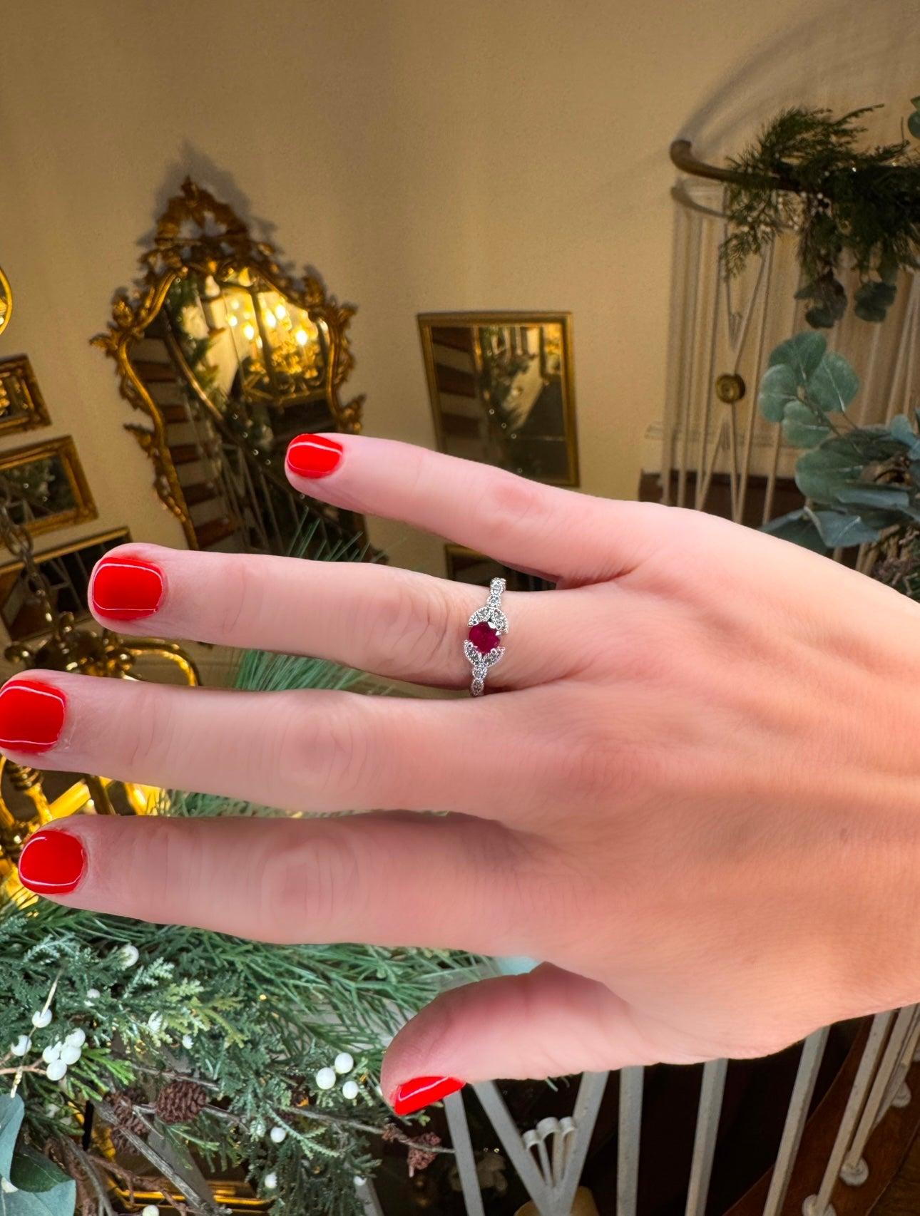 Women's Ruby and Diamond 14K White Gold Vintage Ring For Sale