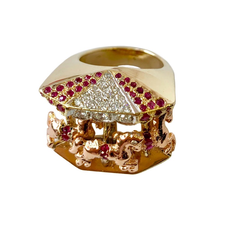 Ruby and Diamond 14 Karat Yellow and Rose Gold Carousel Ring For Sale