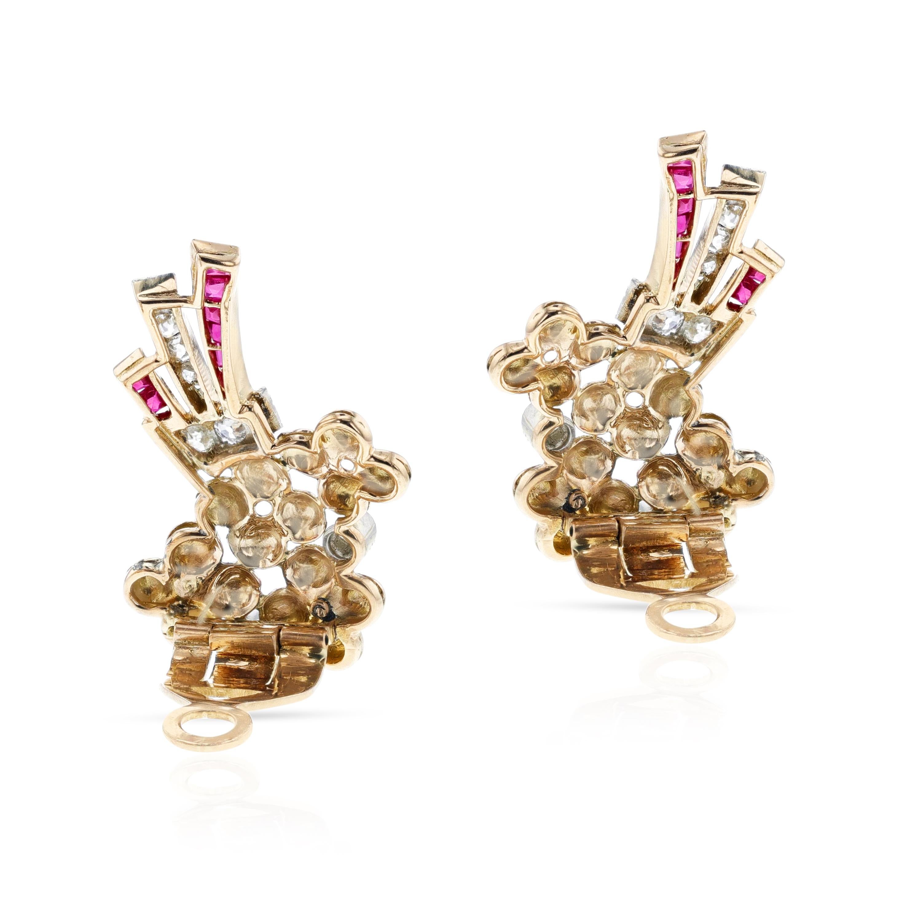 Orecchini Bouquet di rubini e diamanti in palladio e giallo 14K In condizioni ottime in vendita a New York, NY