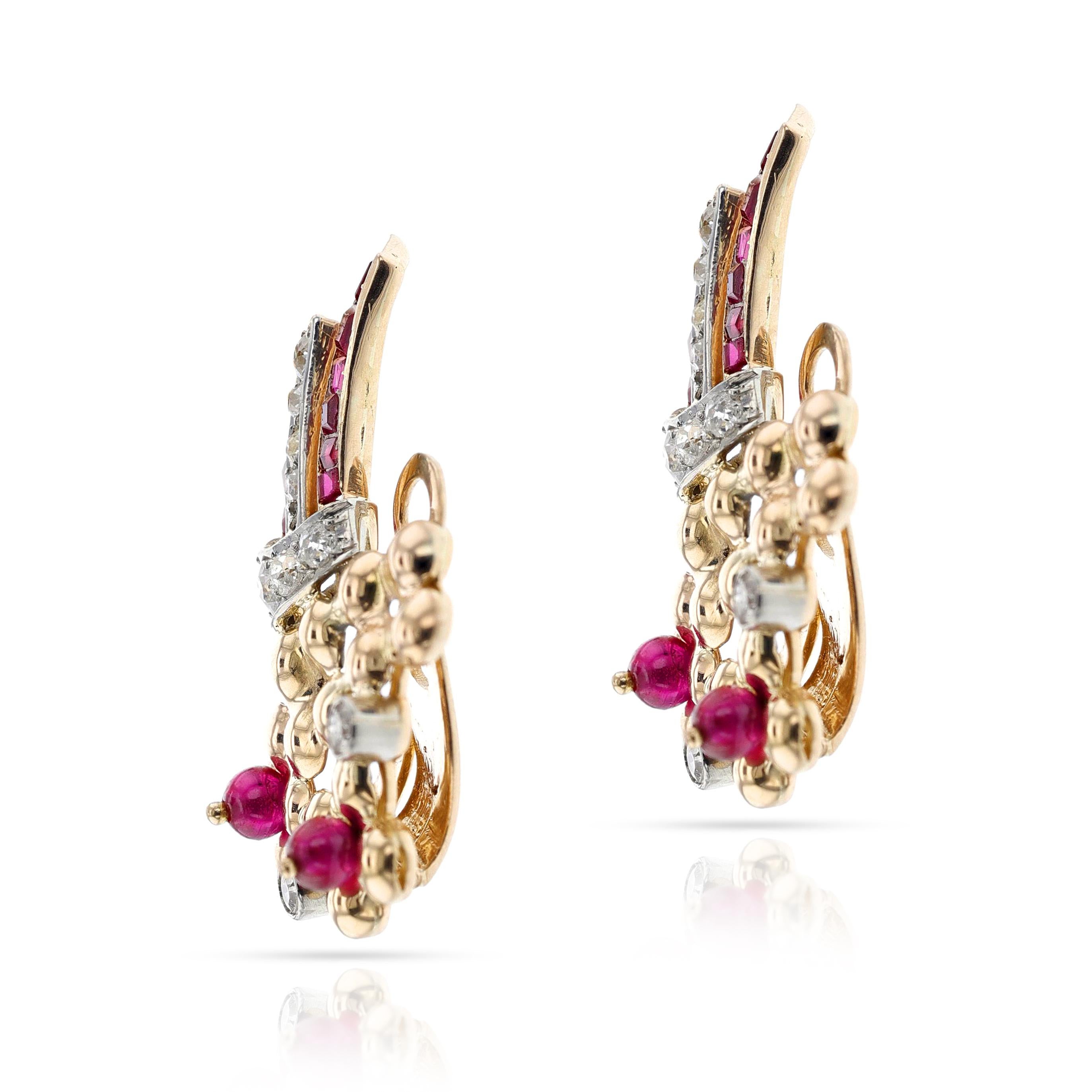 da uomo o donna Orecchini Bouquet di rubini e diamanti in palladio e giallo 14K in vendita