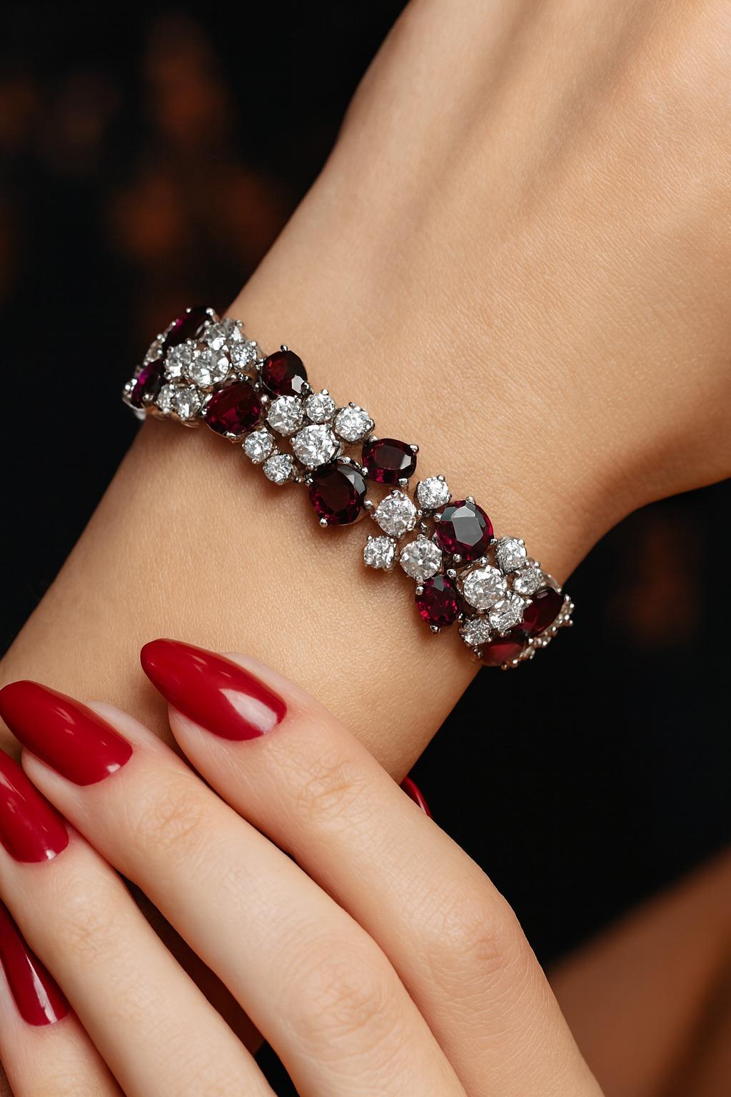 Bracelet en or blanc 18 carats, rubis et diamants 17 carats

Bijou exceptionnel d'orfèvrerie raffinée, ce bracelet en or blanc 18 carats présente un magnifique mariage de rubis et de diamants d'un poids total de 17 carats.

Le tout est serti