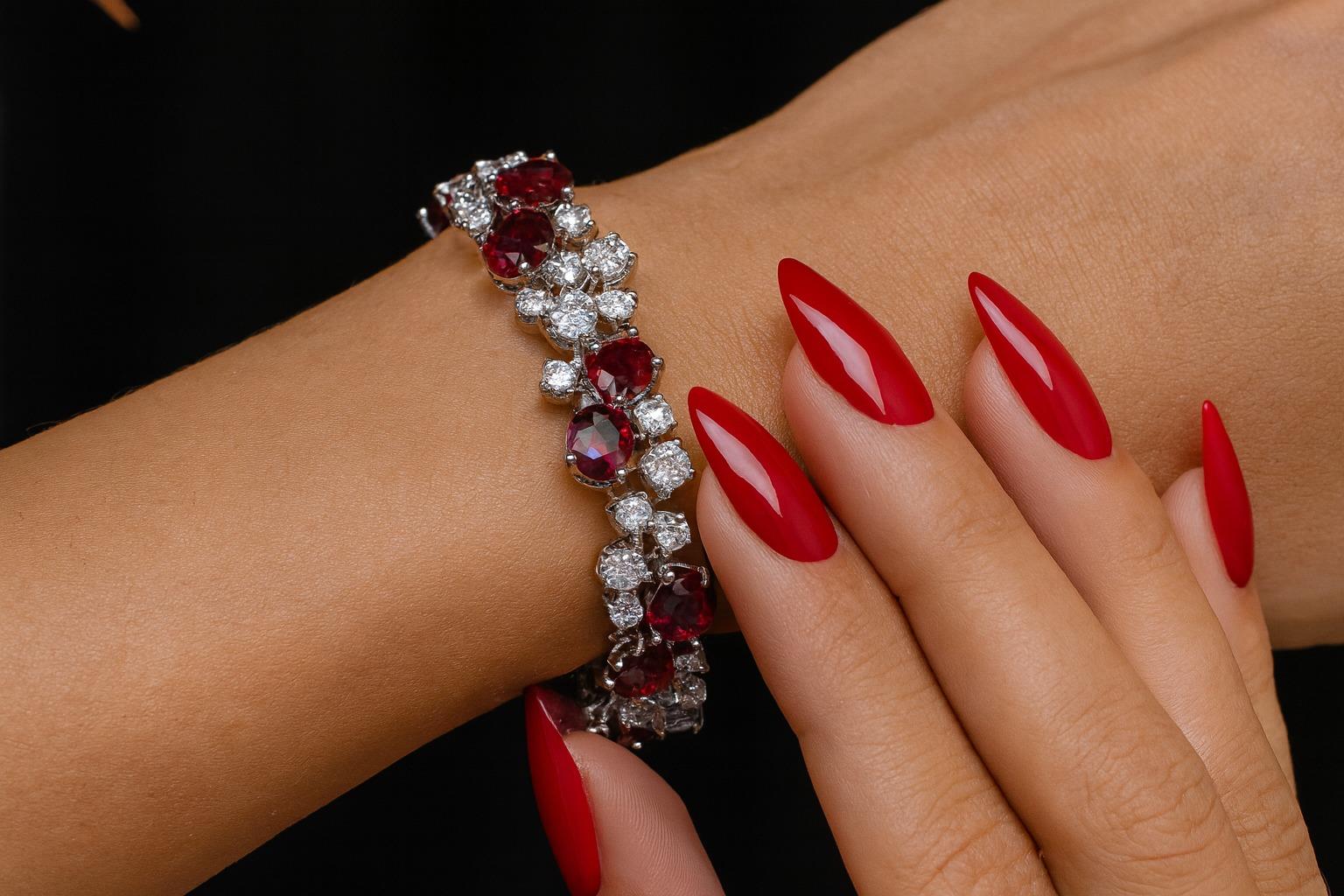 Bracelet en or blanc 18 carats, rubis et diamants 17 carats Excellent état - En vente à Chicago, IL