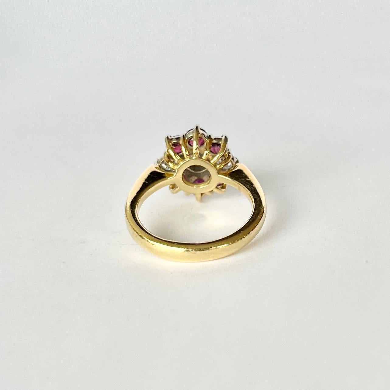 Ruby and Diamond 18 Carat Gold Cluster Ring In Good Condition For Sale In Chipping Campden, GB