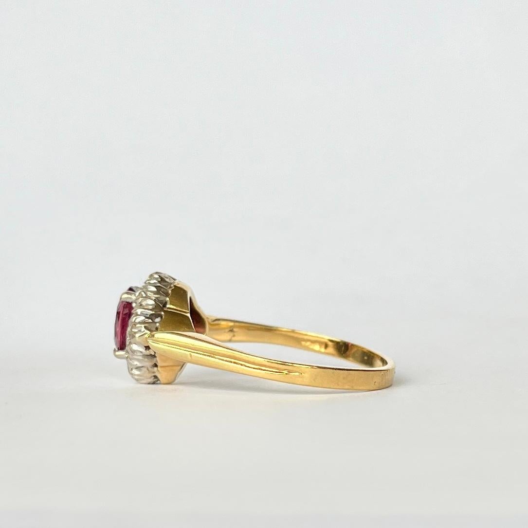 Ruby and Diamond 18 Carat Gold Cluster Ring In Good Condition For Sale In Chipping Campden, GB
