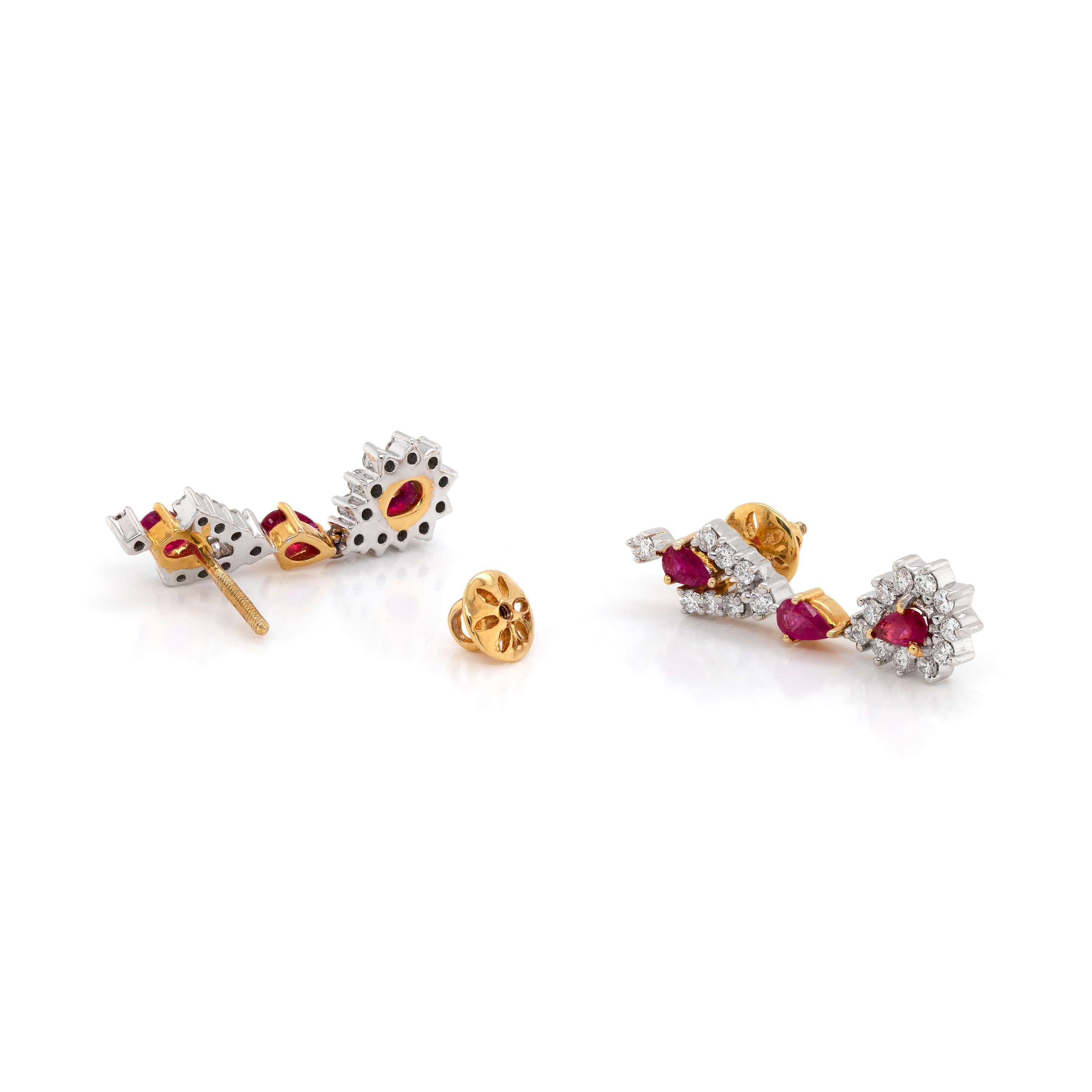 Pear Cut Ruby and Diamond 18 Carat Gold Drop Earrings For Sale