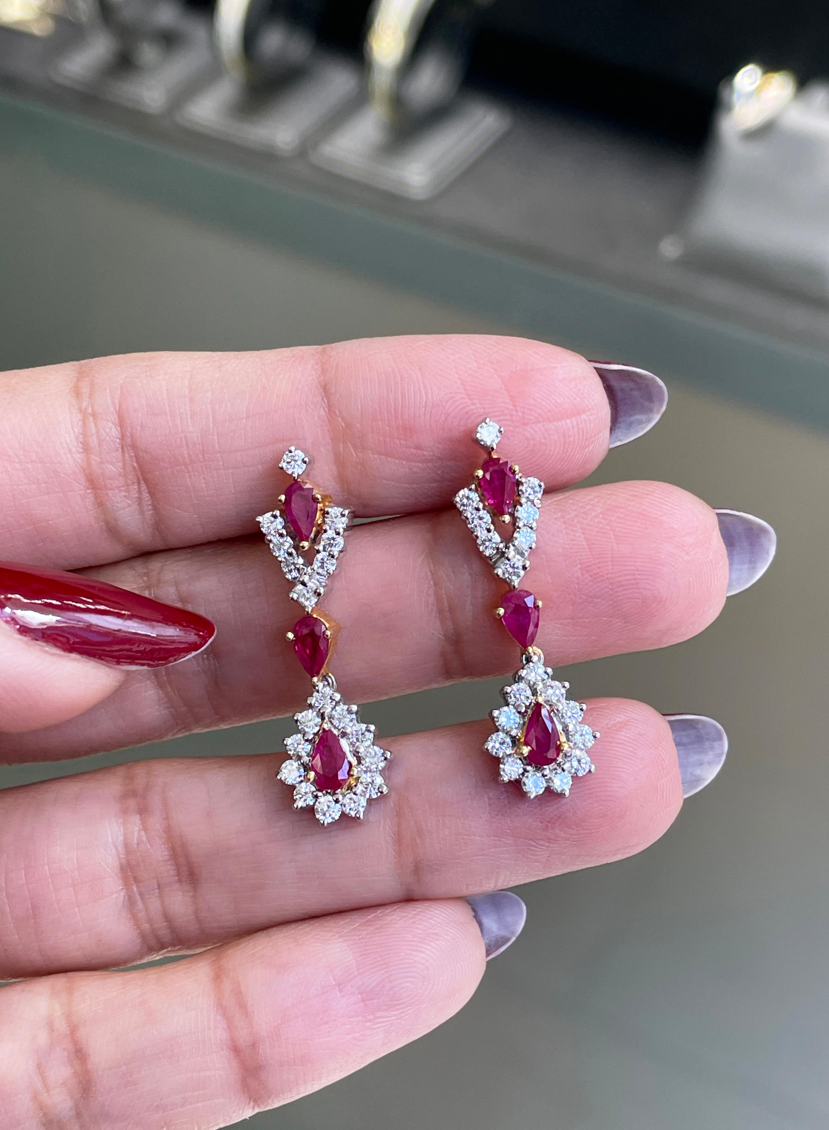 Ruby and Diamond 18 Carat Gold Drop Earrings In Excellent Condition For Sale In London, GB