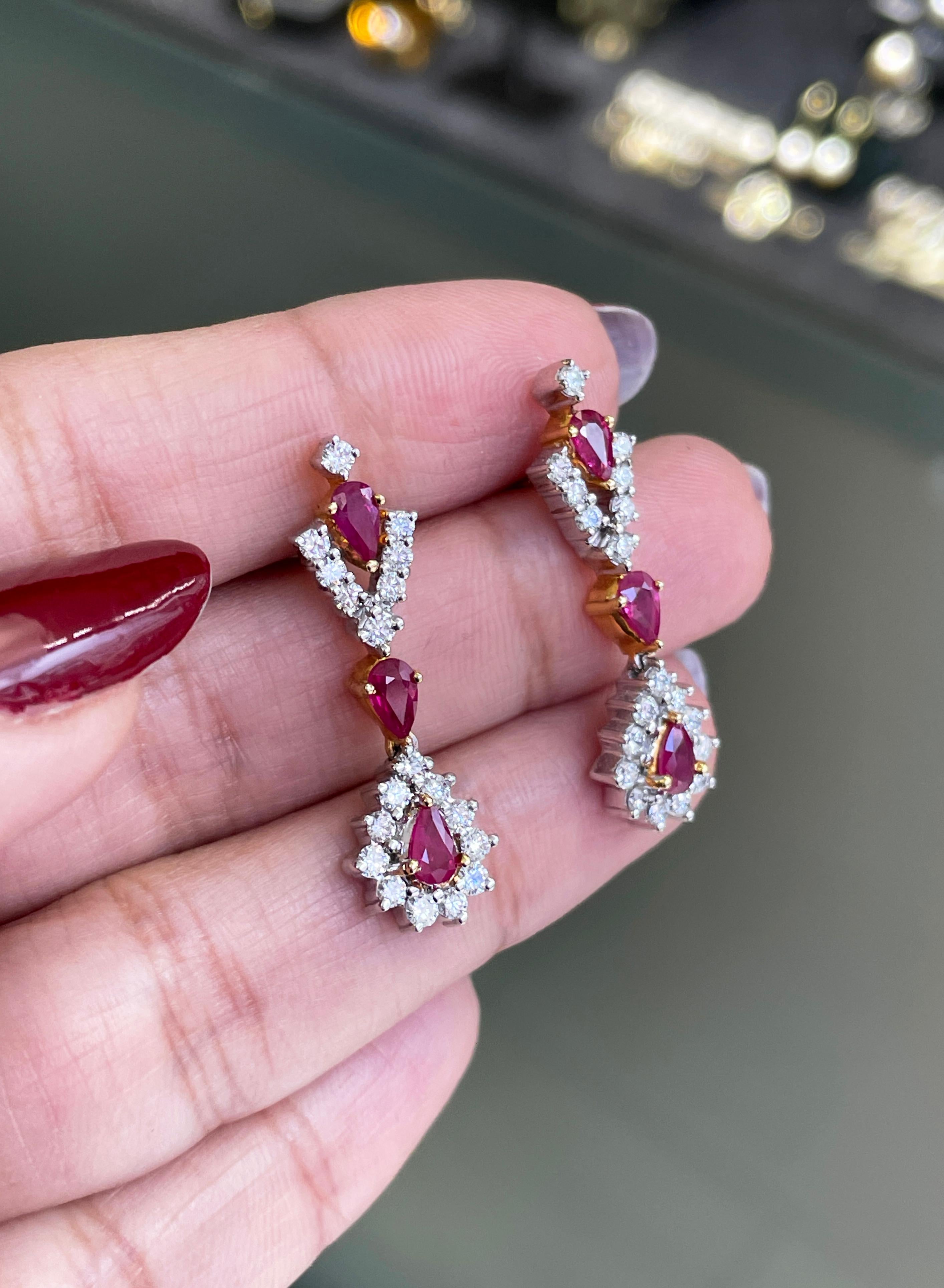 Women's Ruby and Diamond 18 Carat Gold Drop Earrings For Sale