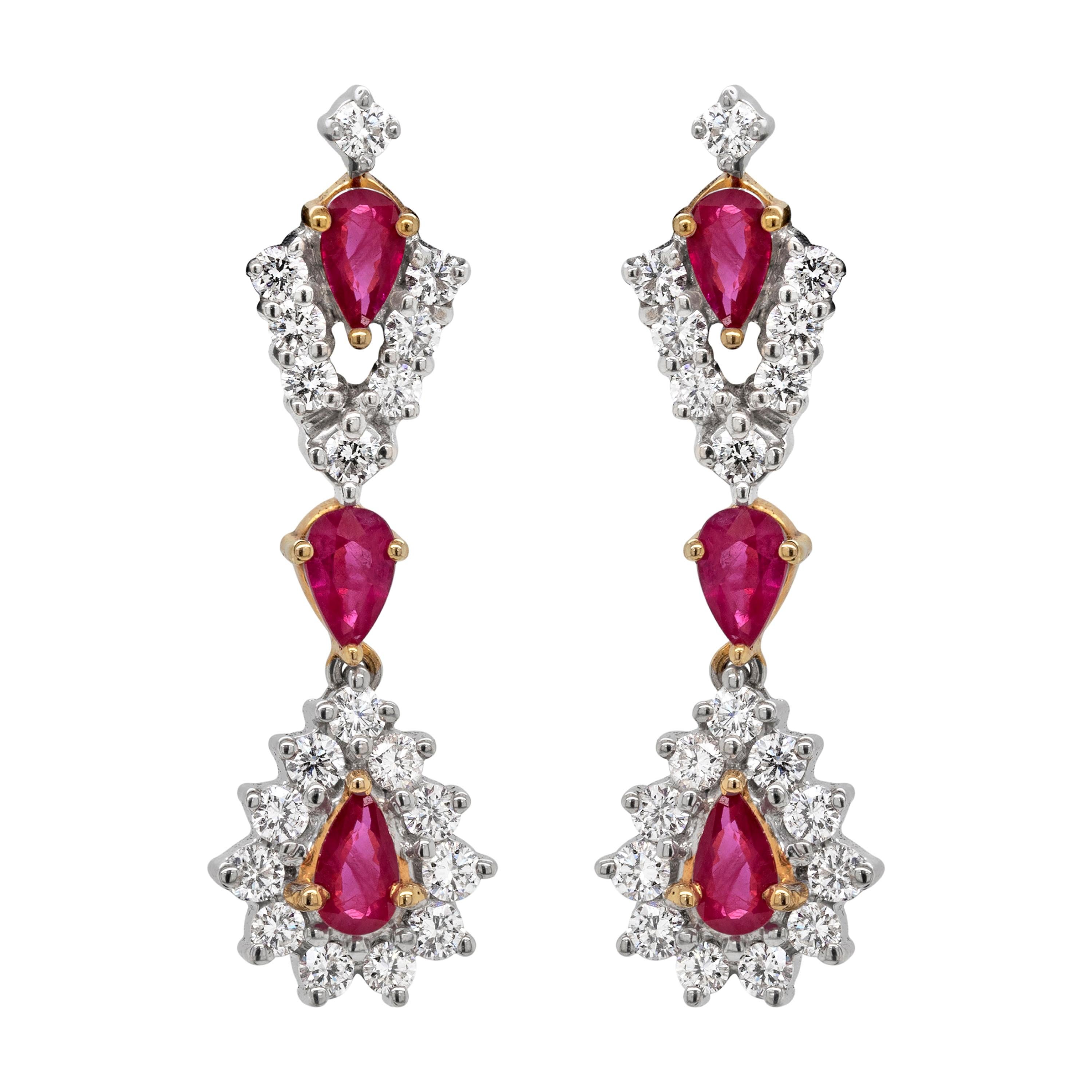 Ruby and Diamond 18 Carat Gold Drop Earrings For Sale