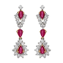 Retro Ruby and Diamond 18 Carat Gold Drop Earrings