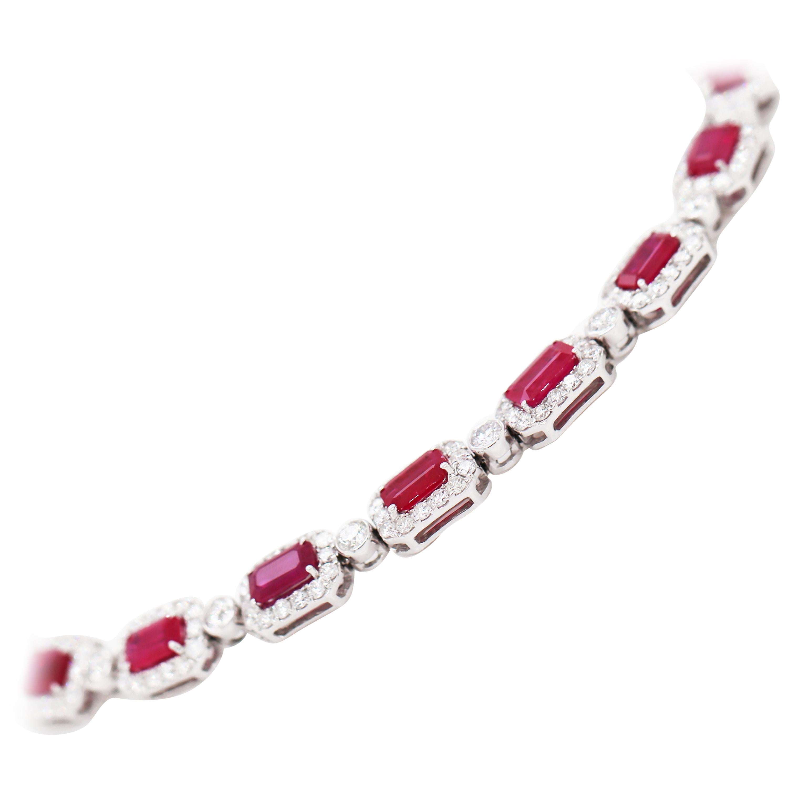 Emerald Cut Ruby and Diamond 18 Carat White Gold Bracelet For Sale