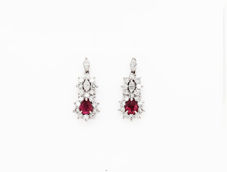 Ruby and Diamond 18 Carat White Gold Cluster Earrings For Sale at 1stDibs