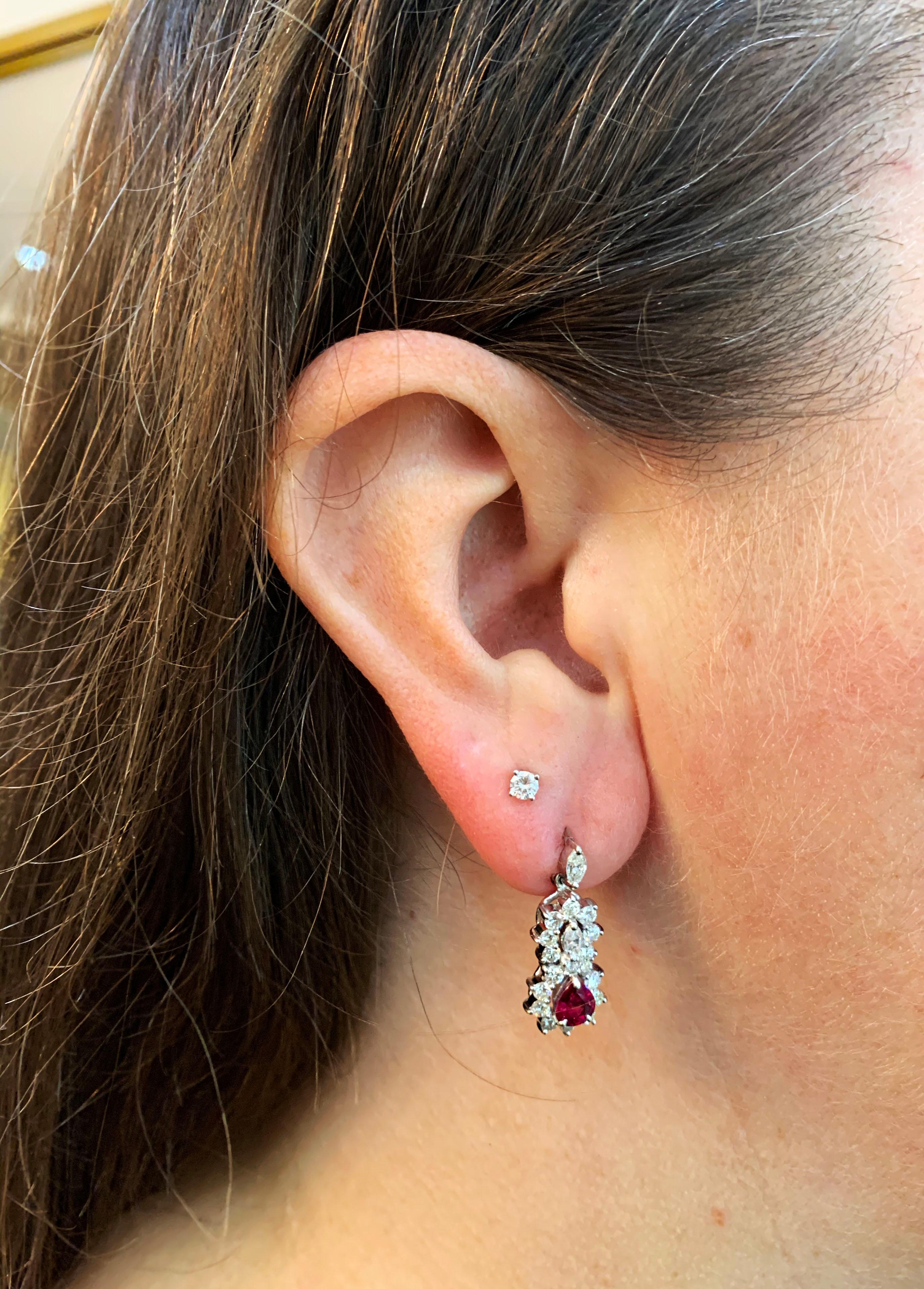 Women's Ruby and Diamond 18 Carat White Gold Cluster Earrings For Sale