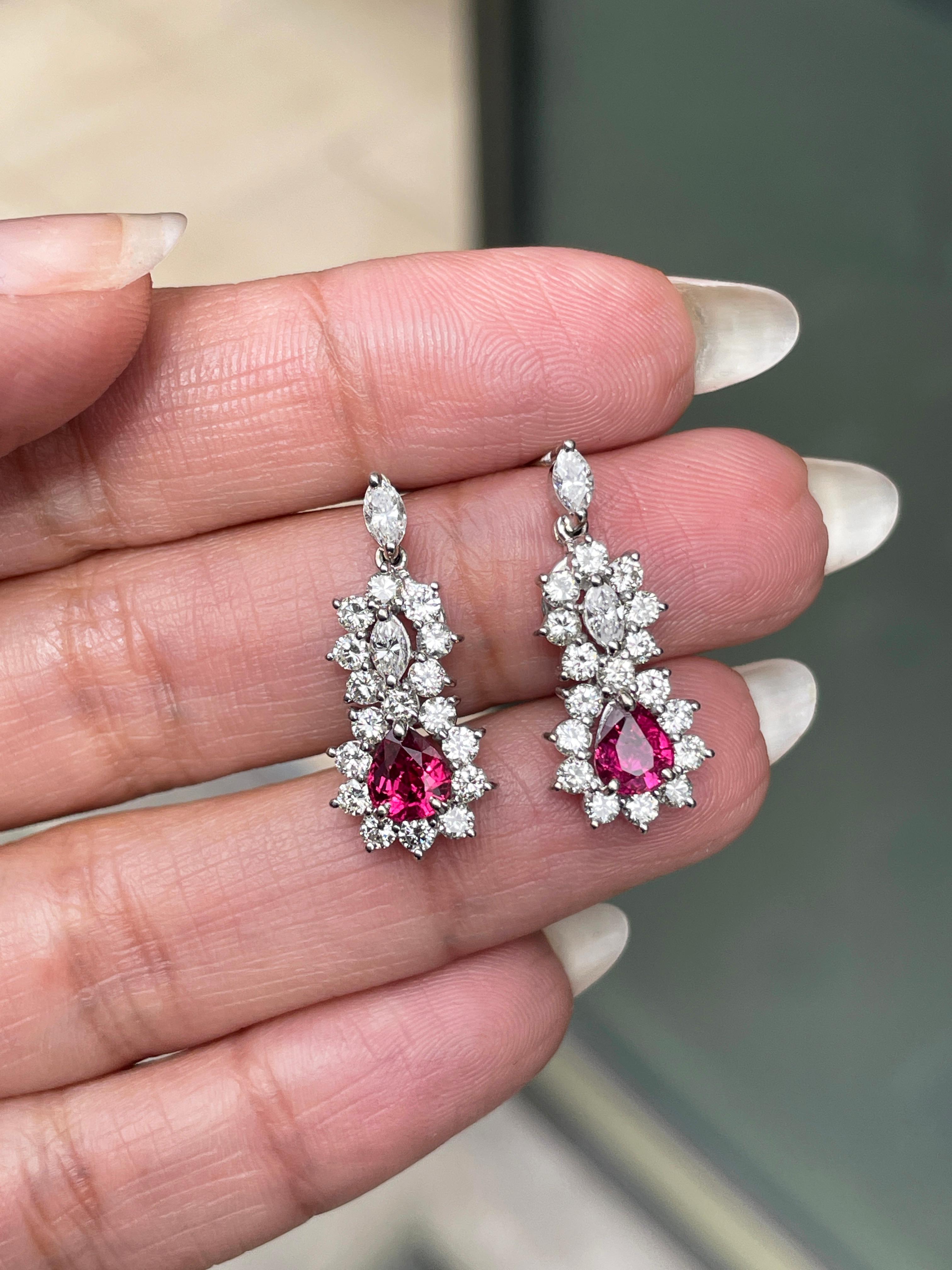 Romantic Ruby and Diamond 18 Carat White Gold Cluster Earrings For Sale