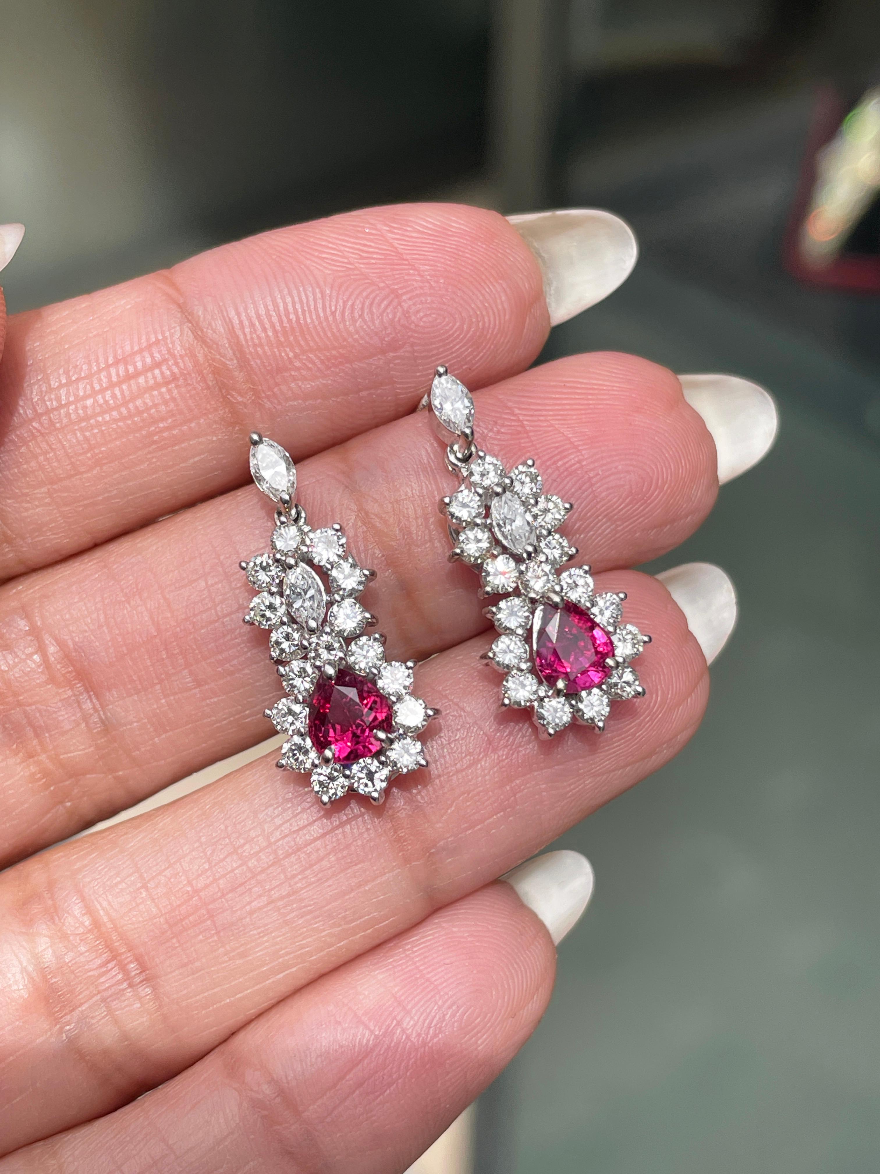 Pear Cut Ruby and Diamond 18 Carat White Gold Cluster Earrings For Sale