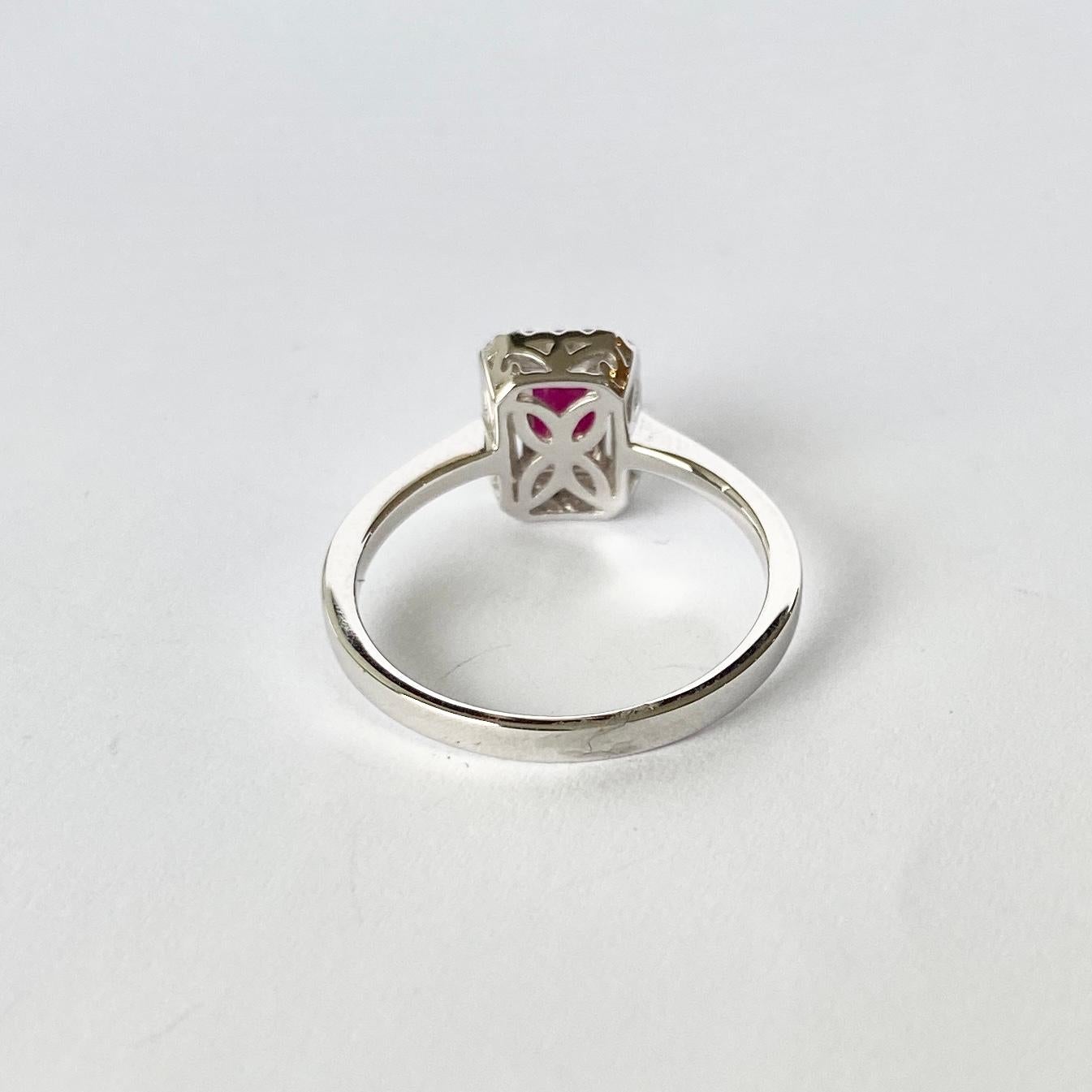 Modern Ruby and Diamond 18 Carat White Gold Cluster Ring For Sale