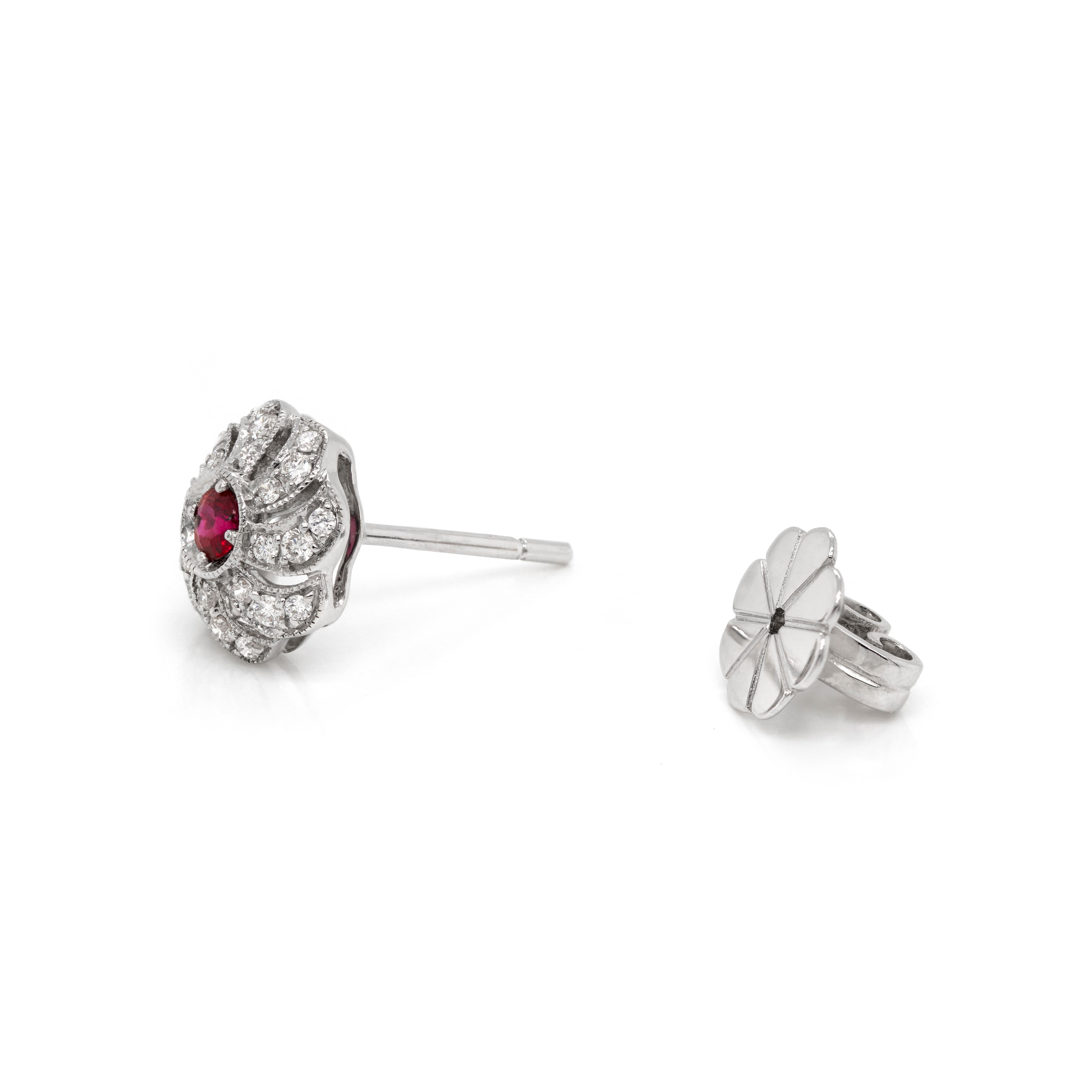 Modern Ruby and Diamond 18 Carat White Gold Floral Earrings and Necklace Set For Sale
