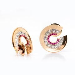 Ruby and Diamond 18 Carat White & Rose Gold Art Deco Style Swirl Stud Earrings