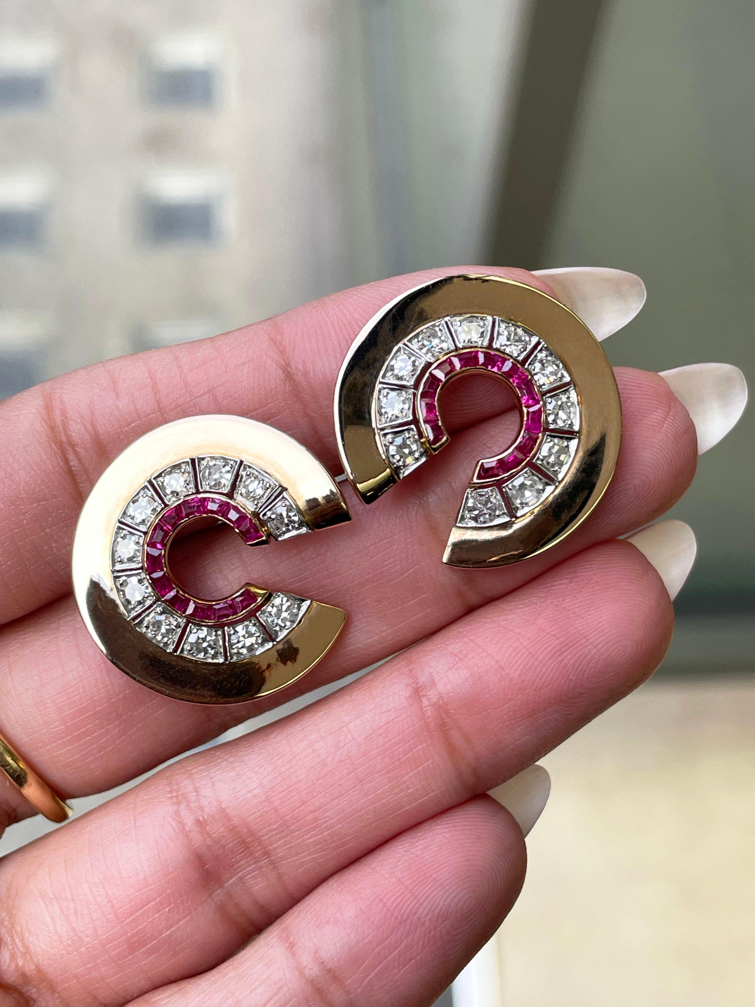 Baguette Cut Ruby and Diamond 18 Carat White & Rose Gold Art Deco Style Swirl Stud Earrings For Sale