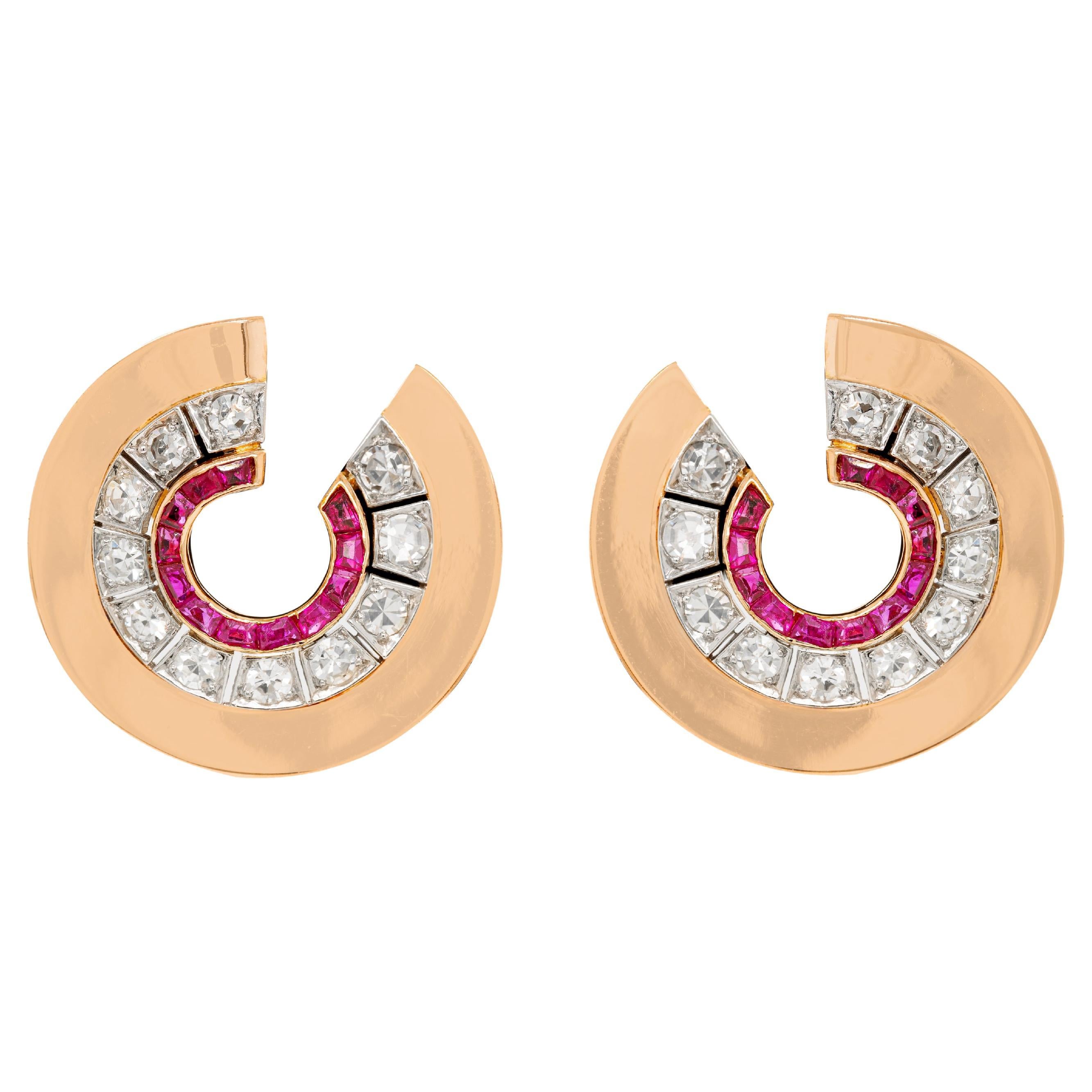 Ruby and Diamond 18 Carat White & Rose Gold Art Deco Style Swirl Stud Earrings For Sale